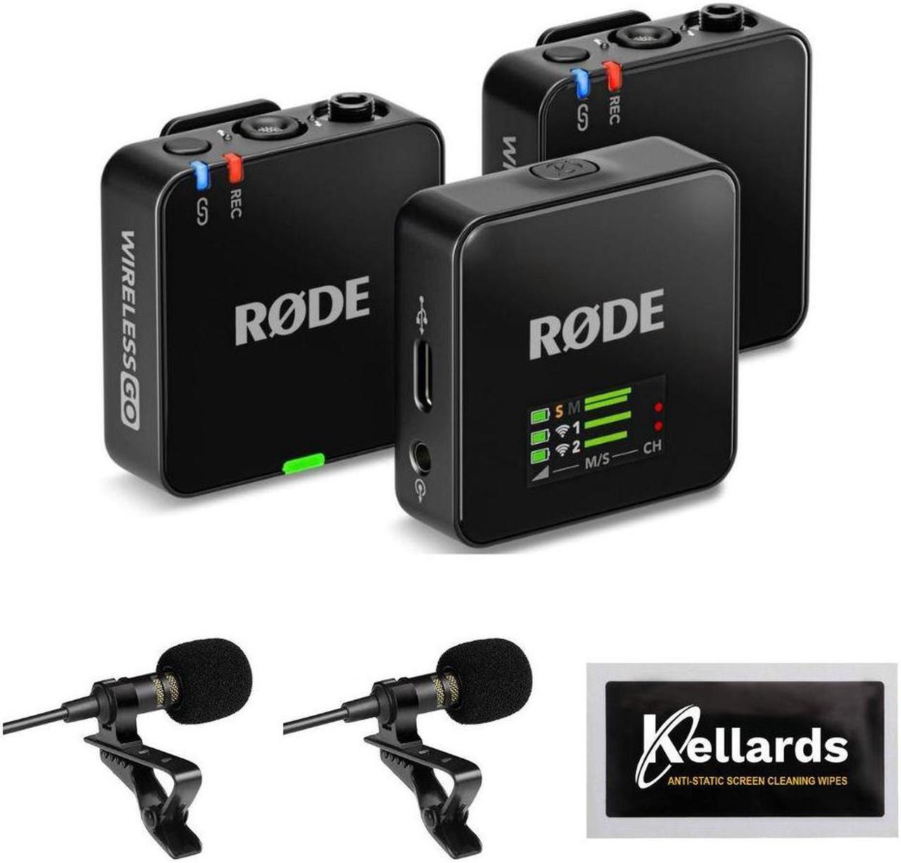 Main image of RODE Wireless GO (Gen 3) 2-Person Compact Digital Wireless Microphone Recorder Black Bundle with Grade Lavalier Lapel Microphone (2 Pack), Kellards Cleaning Cloth