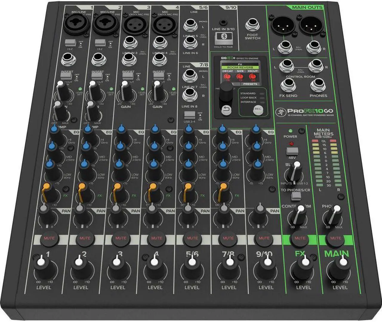 Alt view image 3 of 8 - Mackie ProFX10 GO Battery-Powered 10-Channel Analog Audio Mixer With Bluetooth, USB-C Recording Modes, GigFX+ Effects, Onyx Preamps, EQ, Compression, Up to 8 Hours Battery Life