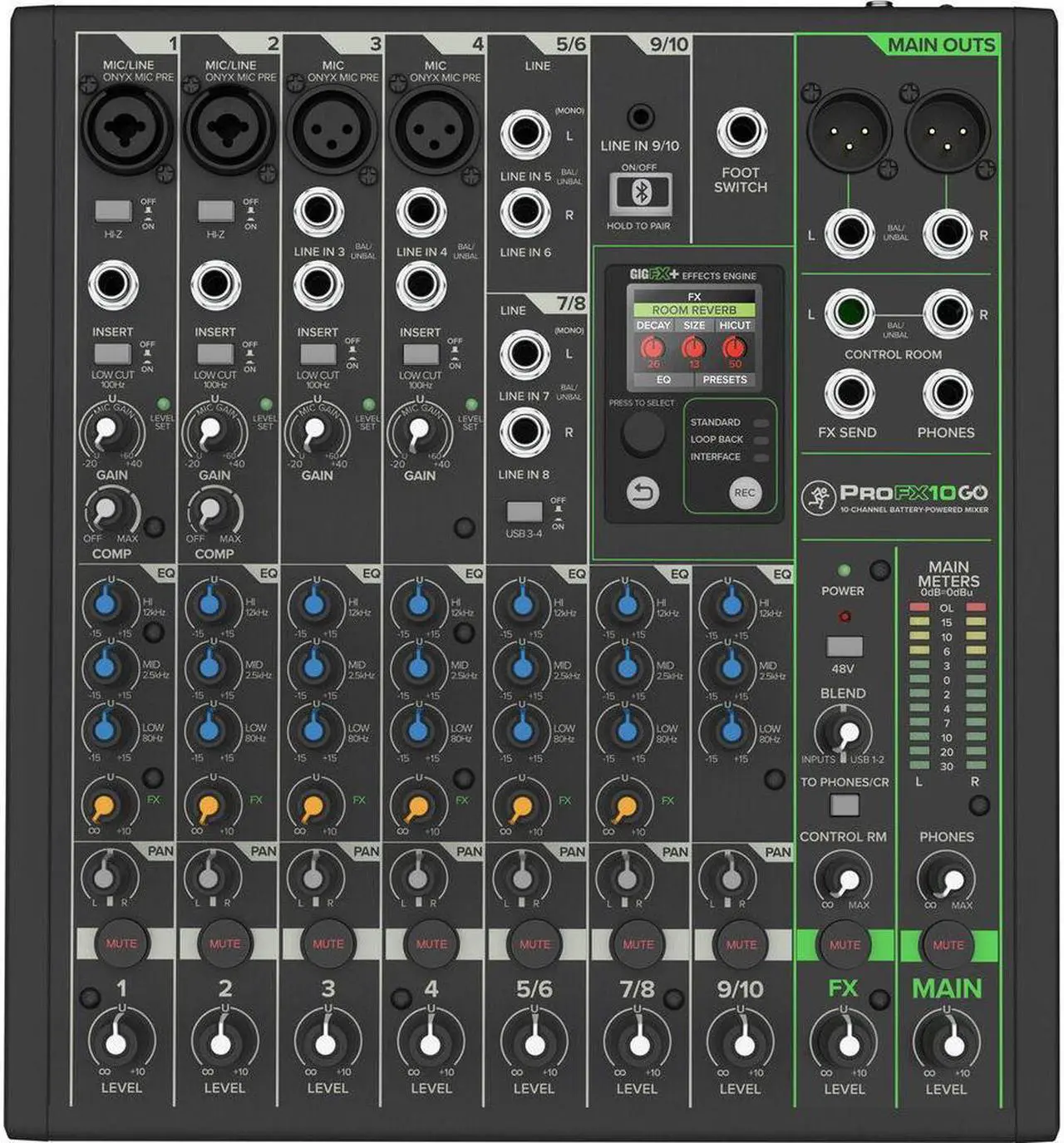 Alt view image 4 of 8 - Mackie ProFX10 GO Battery-Powered 10-Channel Analog Audio Mixer With Bluetooth, USB-C Recording Modes, GigFX+ Effects, Onyx Preamps, EQ, Compression, Up to 8 Hours Battery Life