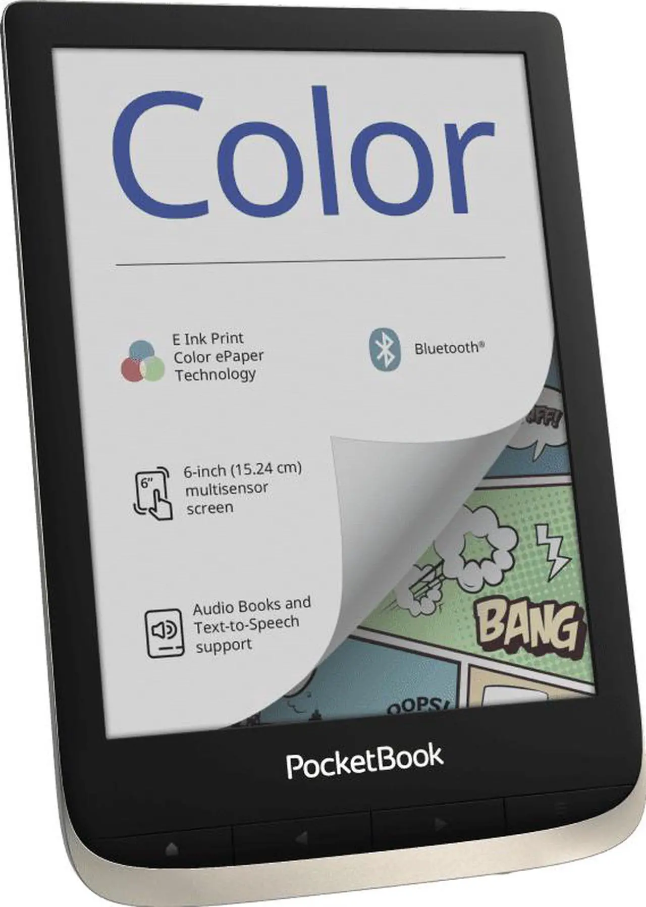 Alt view image 6 of 7 - PocketBook Color (Moon Silver). Display: 6" E Ink Kaleido™; Dual Core (2×1 GHz); RAM: 1 GB; Flash memory: 16 GB; Wi-Fi; Bluetooth; Audio; Frontlight; Touchscreen; Battery: 1900 mAh (Li-Ion Polymer).