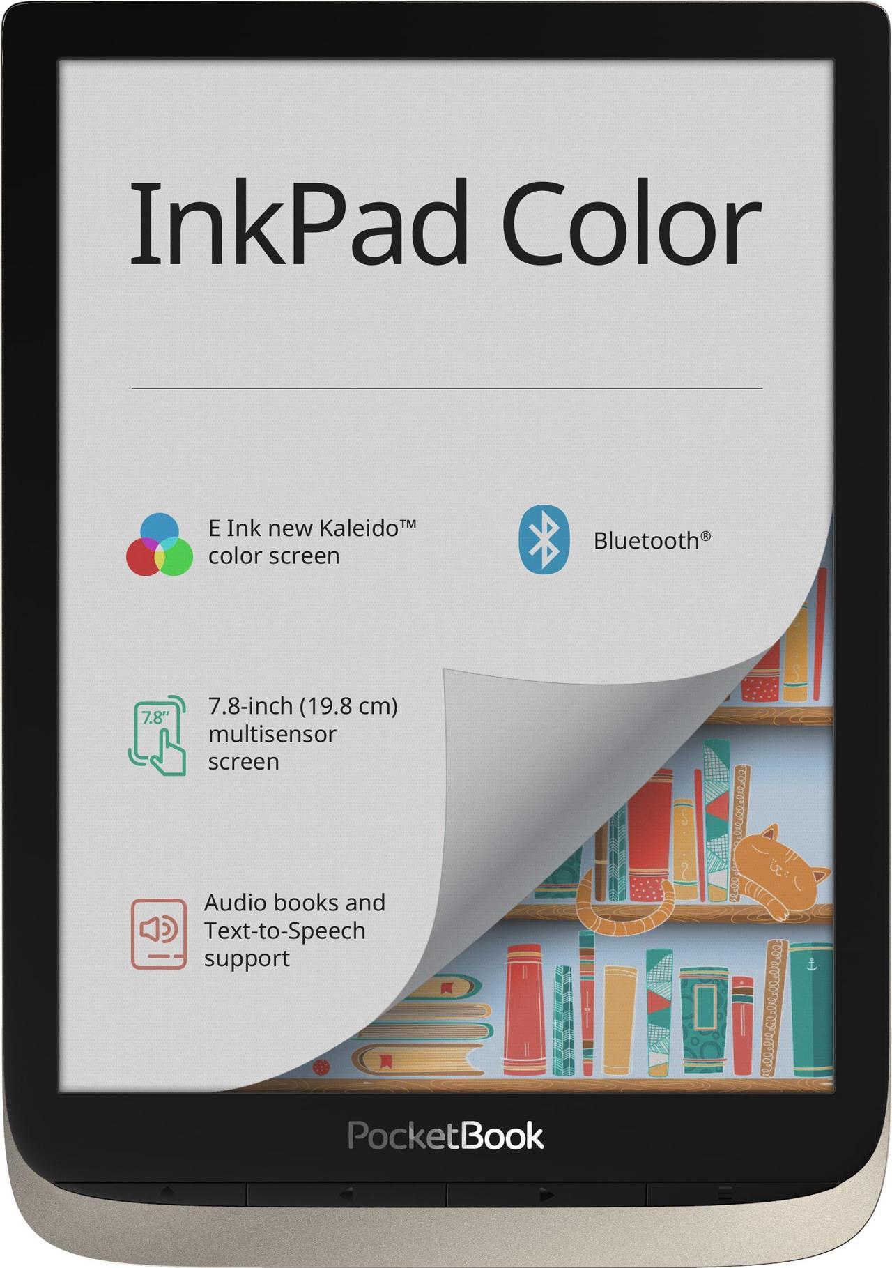 PocketBook InkPad Color. 7.8'" E Ink new Kaleido™; Frontlight; Dual Core (2x1 GHz); RAM: 1GB; Internal storage: 16GB; Accumulator: 2900 mAh (Li-Ion Polymer); Audio.