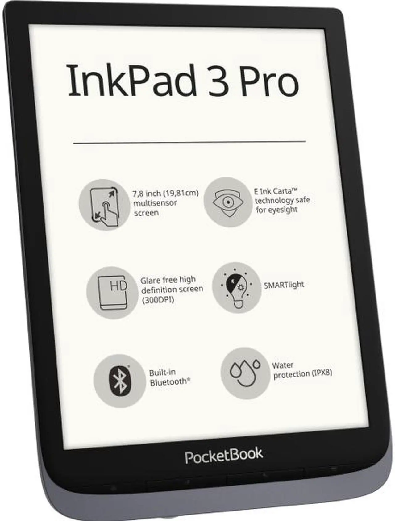 Alt view image 4 of 7 - PocketBook InkPad 3 Pro Grey, 7,8" E Ink® Carta™ (1404 × 1872), SMARTlight, IPX8, Metallic Grey, Dual Core (2×1 GHz), Operative memory: 1 GB, Flash memory: 16 GB, Accumulator: 1900 mAh