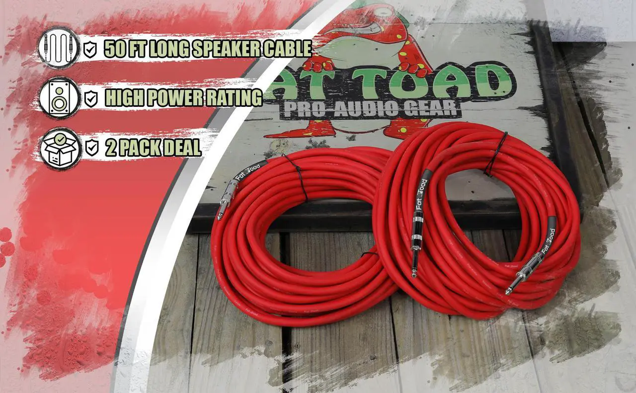 Alt view image 4 of 7 - 1/4" to 1/4 Male Jack Speaker Cables (2 Pack) by FAT TOAD | 50ft Professional Pro Audio Red DJ Speakers PA Patch Cords | Quarter Inch 12 AWG Gauge Wire for Amp, Music Studio Recording & Stage Gear