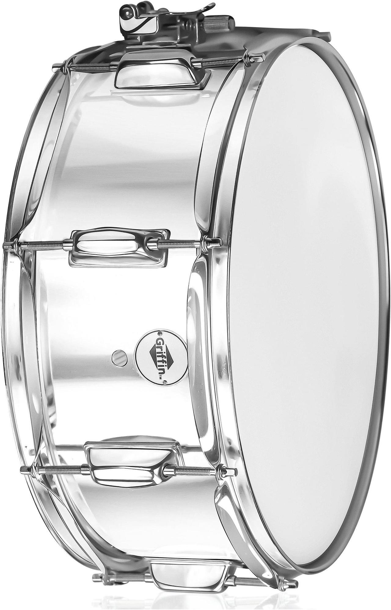 Alt view image 3 of 7 - Metal Snare Drum by GRIFFIN | 14" x 5.5" inch Steel Chrome Shell | 8 Tuning Lugs & Snare Throw Off Strainer Set | Musical Instrument Kit & Drummers Key | Marching Percussion Hardware & Drum White Head