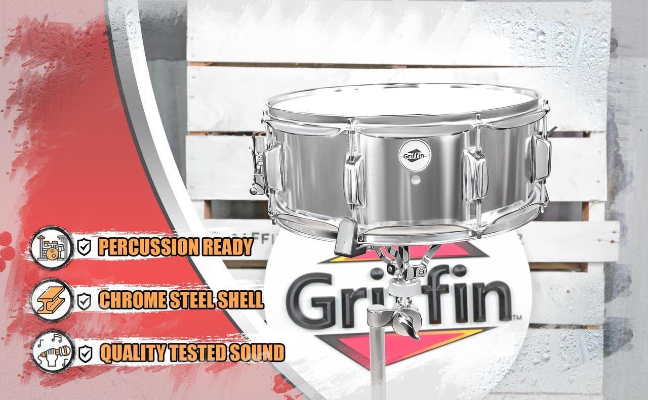 Alt view image 5 of 7 - Metal Snare Drum by GRIFFIN | 14" x 5.5" inch Steel Chrome Shell | 8 Tuning Lugs & Snare Throw Off Strainer Set | Musical Instrument Kit & Drummers Key | Marching Percussion Hardware & Drum White Head