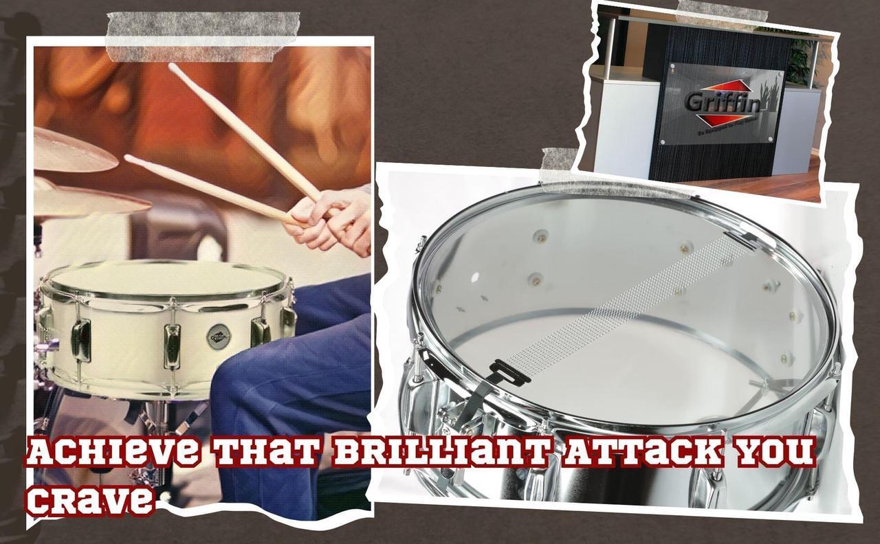 Alt view image 6 of 7 - Metal Snare Drum by GRIFFIN | 14" x 5.5" inch Steel Chrome Shell | 8 Tuning Lugs & Snare Throw Off Strainer Set | Musical Instrument Kit & Drummers Key | Marching Percussion Hardware & Drum White Head