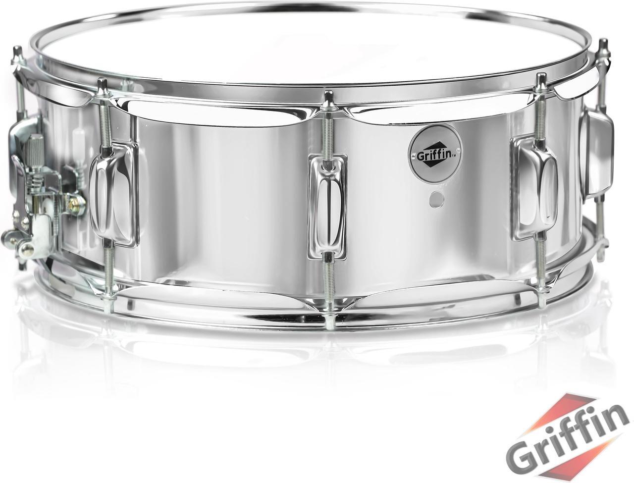 Main image of Metal Snare Drum by GRIFFIN | 14" x 5.5" inch Steel Chrome Shell | 8 Tuning Lugs & Snare Throw Off Strainer Set | Musical Instrument Kit & Drummers Key | Marching Percussion Hardware & Drum White Head