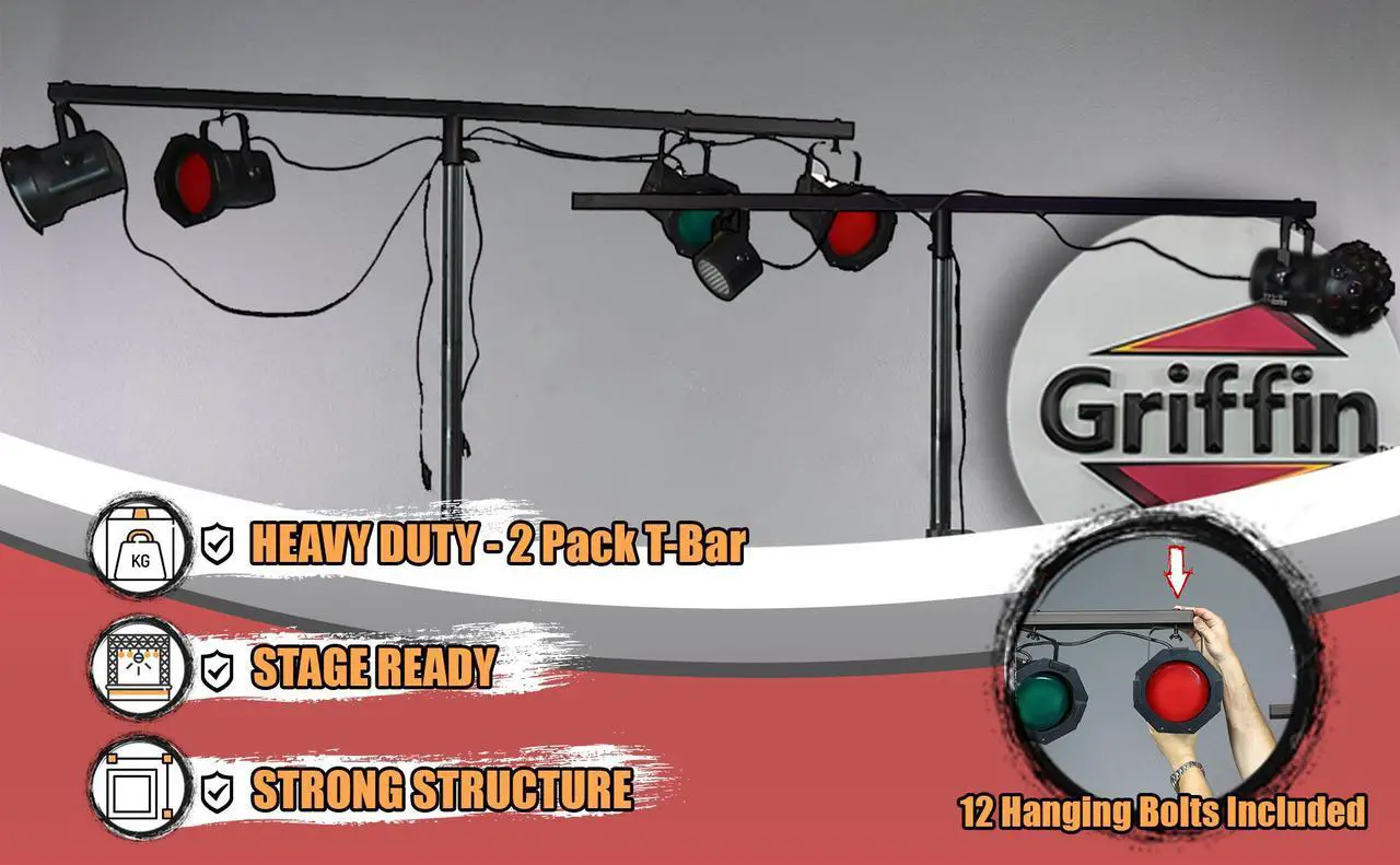 Alt view image 6 of 7 - T-Bar Support for DJ Light Tripod Stands (2 Pack) | GRIFFIN Cross Bar Mount for Stage Lighting Truss System with 12 Hanging Bolts | 5FT Horizontal Trussing Kit for Can Lights & Music Equipment Package