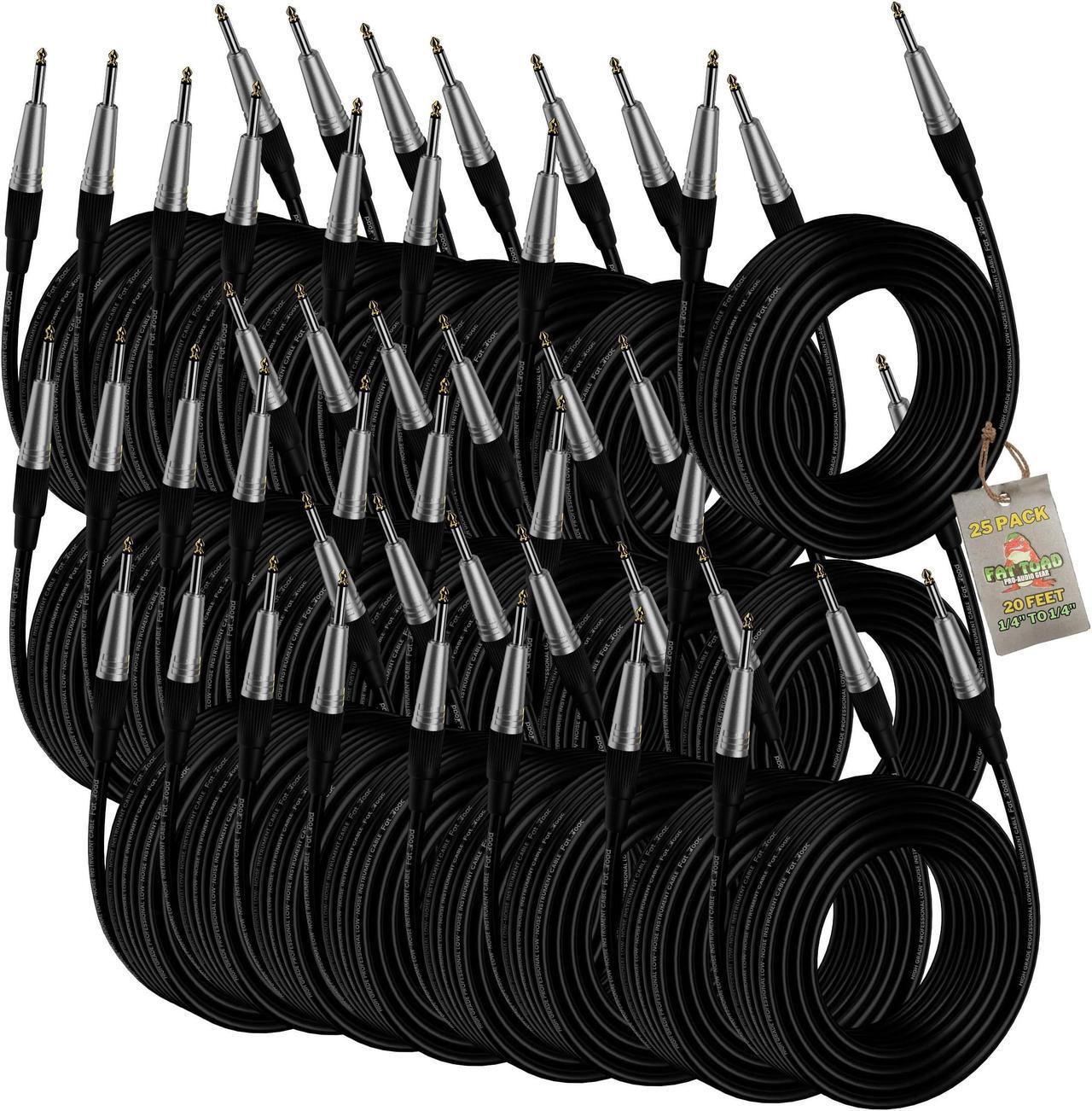 Main image of 24 PACK - FAT TOAD 20FT Guitar Cords Instrument Cables | 24 AWG Patch Conductor for Electric Guitar, Bass, Amplifier, Speaker, Keyboard & Recording Studio | Shielded 1/4 Inch Gold Straight-End Wires