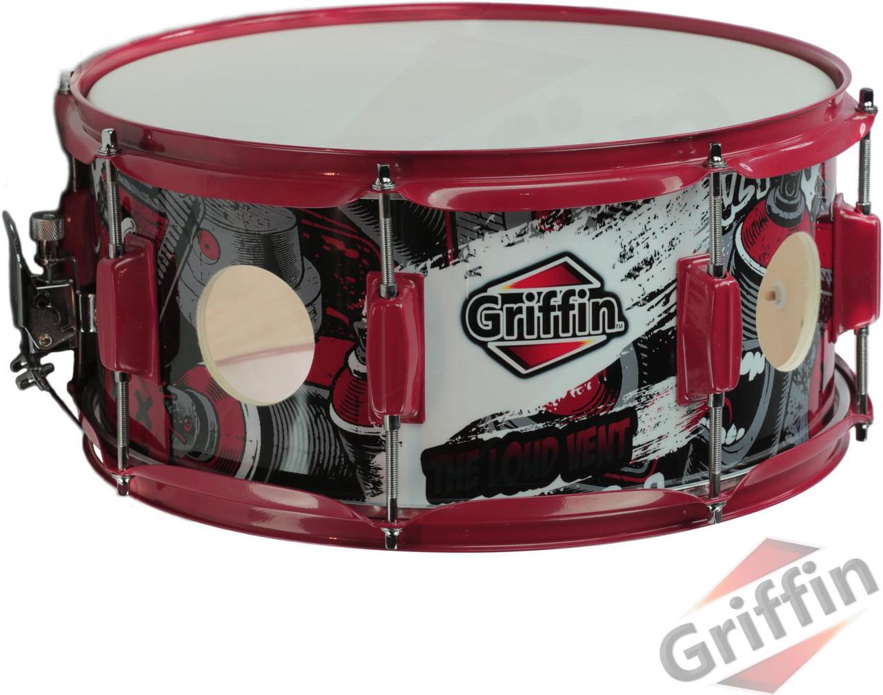 Main image of GRIFFIN Snare Drum Birch Wood Shell 14 X 6.5 Inch | Oversize 2.5" Large Vents & Custom Graphic Wrap (Limited Edition) | Red Hardware & Marching Drummers Key for Students & Pros | 8 Metal Tuning Lugs