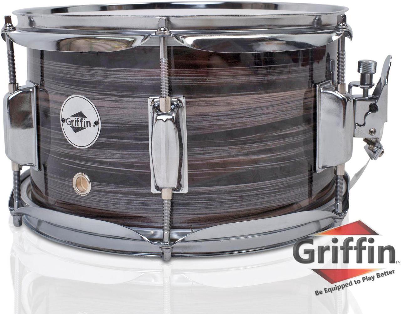 Main image of Popcorn Snare Drum by GRIFFIN | Firecracker Acoustic 10" x 6" Poplar Shell with Zebra Wood PVC | Soprano Mini Concert Marching Percussion Musical Instrument with Snare Throw Off, Drummers Key & Head