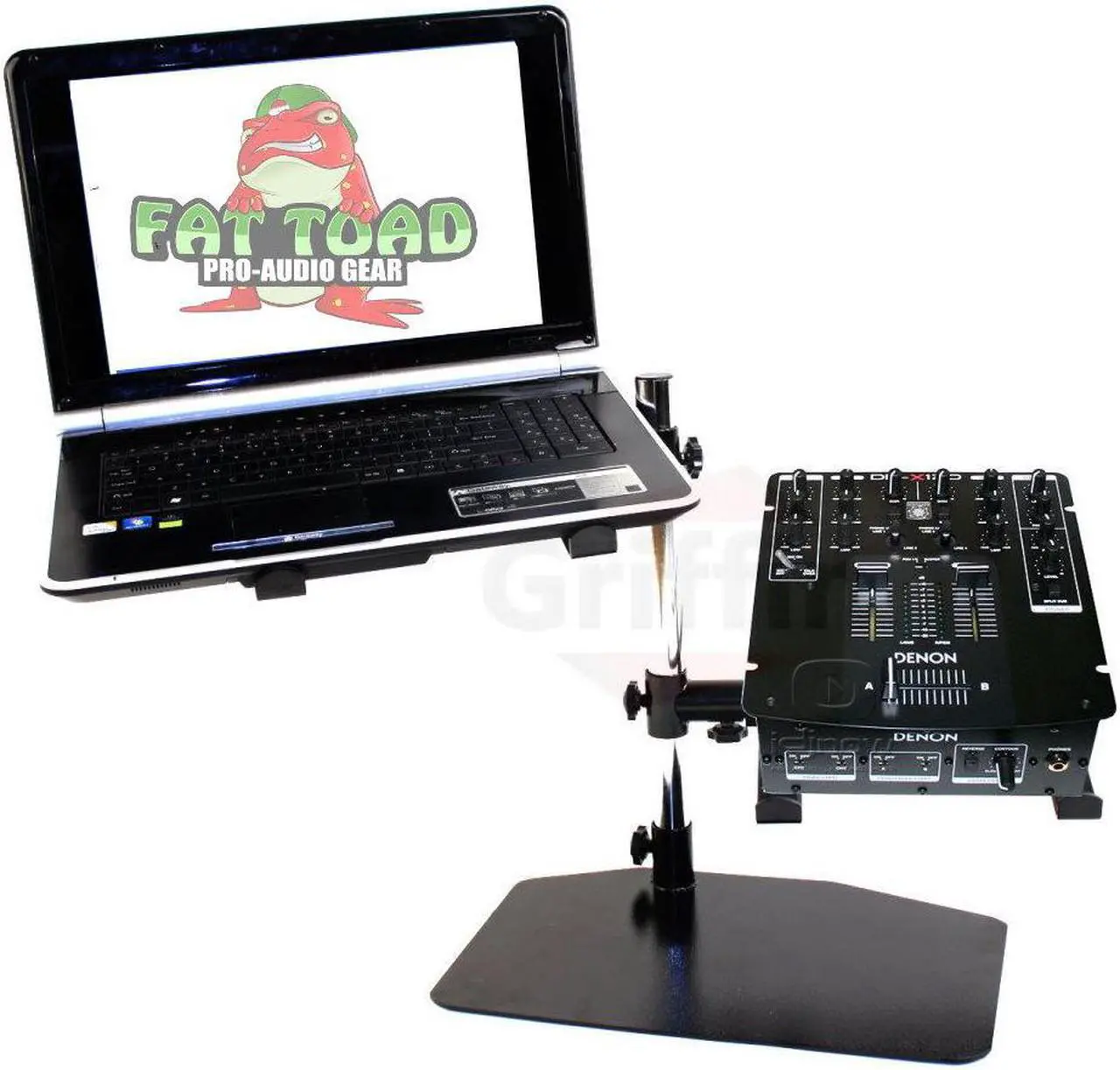 Alt view image 5 of 8 - Double DJ Laptop Stand by FAT TOAD | 2 Tier PC Table Holder | Portable Computer Clamp Equipment Rack with Duel Mounts for Music Studio Mixers, Controllers, Monitors, CD Player & Disc Jockey Booth Gear