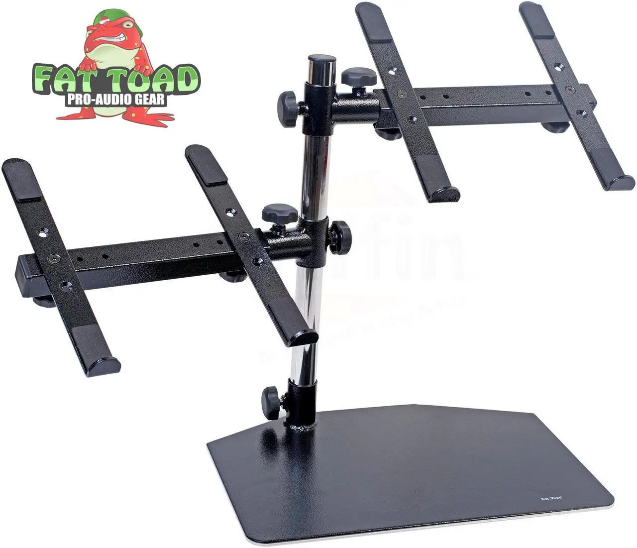 Alt view image 2 of 8 - Double DJ Laptop Stand by FAT TOAD | 2 Tier PC Table Holder | Portable Computer Clamp Equipment Rack with Duel Mounts for Music Studio Mixers, Controllers, Monitors, CD Player & Disc Jockey Booth Gear