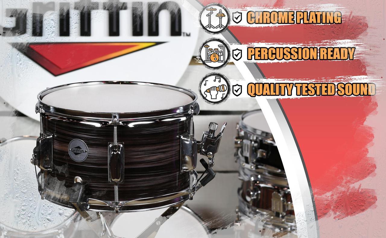 Alt view image 5 of 7 - Popcorn Snare Drum by GRIFFIN | Firecracker Acoustic 10" x 6" Poplar Shell with Zebra Wood PVC | Soprano Mini Concert Marching Percussion Musical Instrument with Snare Throw Off, Drummers Key & Head