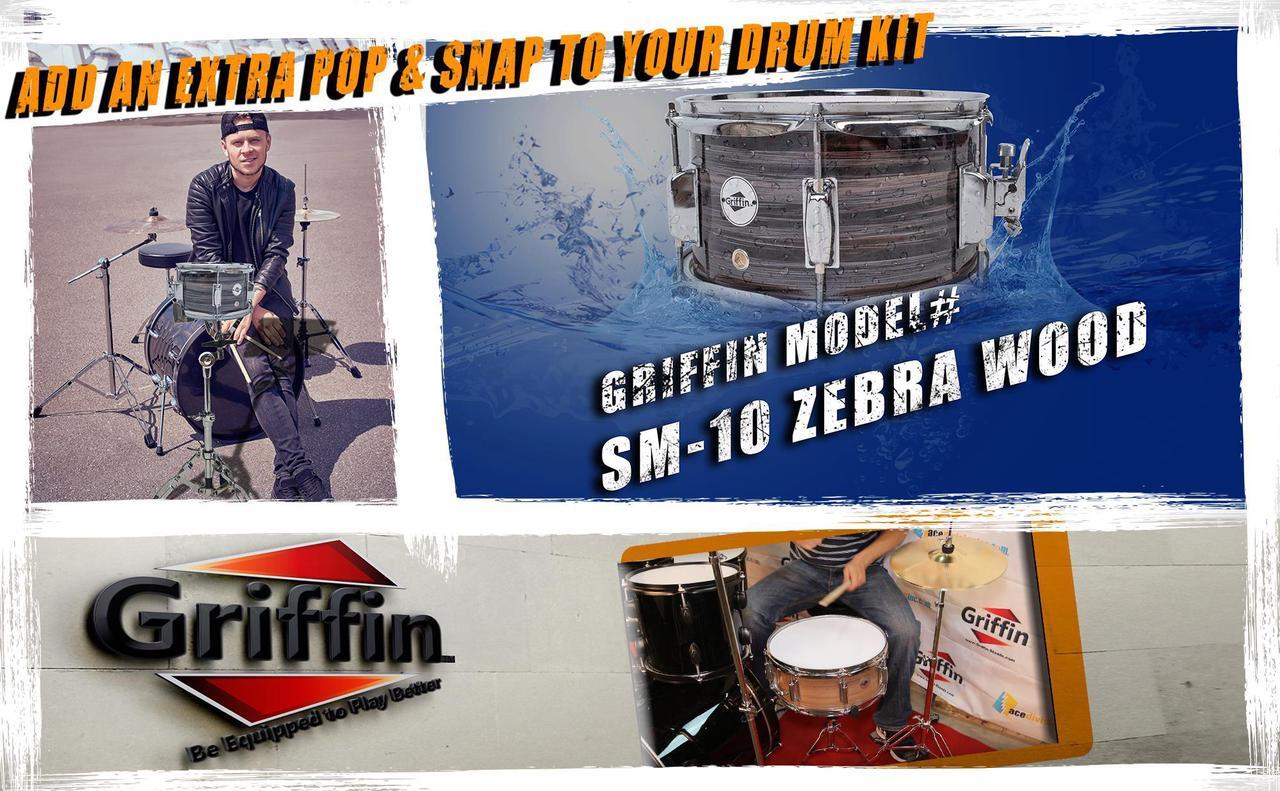 Alt view image 4 of 7 - Popcorn Snare Drum by GRIFFIN | Firecracker Acoustic 10" x 6" Poplar Shell with Zebra Wood PVC | Soprano Mini Concert Marching Percussion Musical Instrument with Snare Throw Off, Drummers Key & Head
