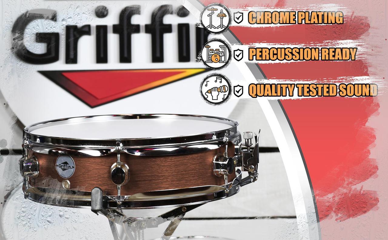 Alt view image 6 of 7 - Piccolo Snare Drum 13" x 3.5" by GRIFFIN | 100% Poplar Wood Shell with Black Hickory Finish & Coated Drum Head | Drummers Acoustic Marching Kit Percussion Instrument with Snare Strainer Throw Off Set