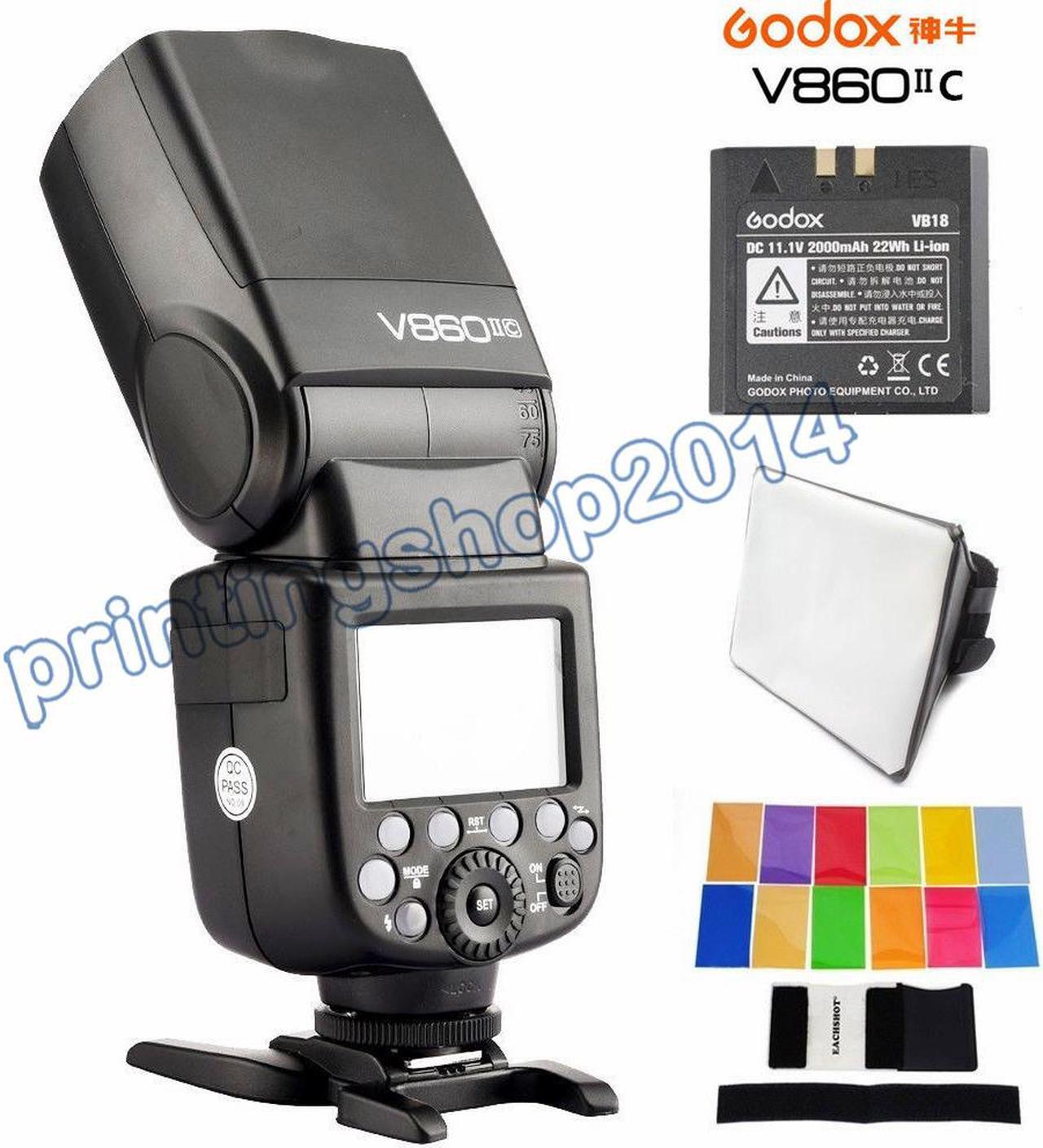 Main image of US Stock Godox V860II-C TTL HSS 2.4G Wireless Flash Speedlite for Canon Cameras, with build-in Godox 2.4G wireless X system, GN60 high guide number, and 20-200 zoom flash coverage.