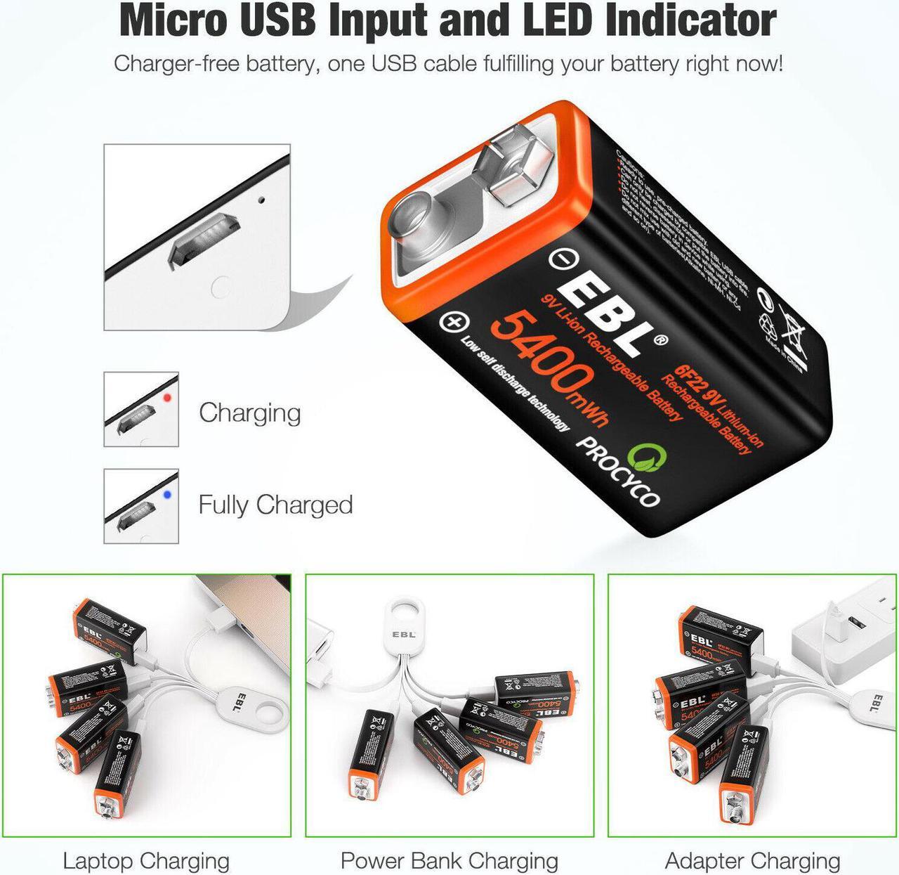 Alt view image 3 of 6 - 2Pack USB Rechargeable 9V Lithium LI-ion Battery Batteries 5400mWh 9 Volt