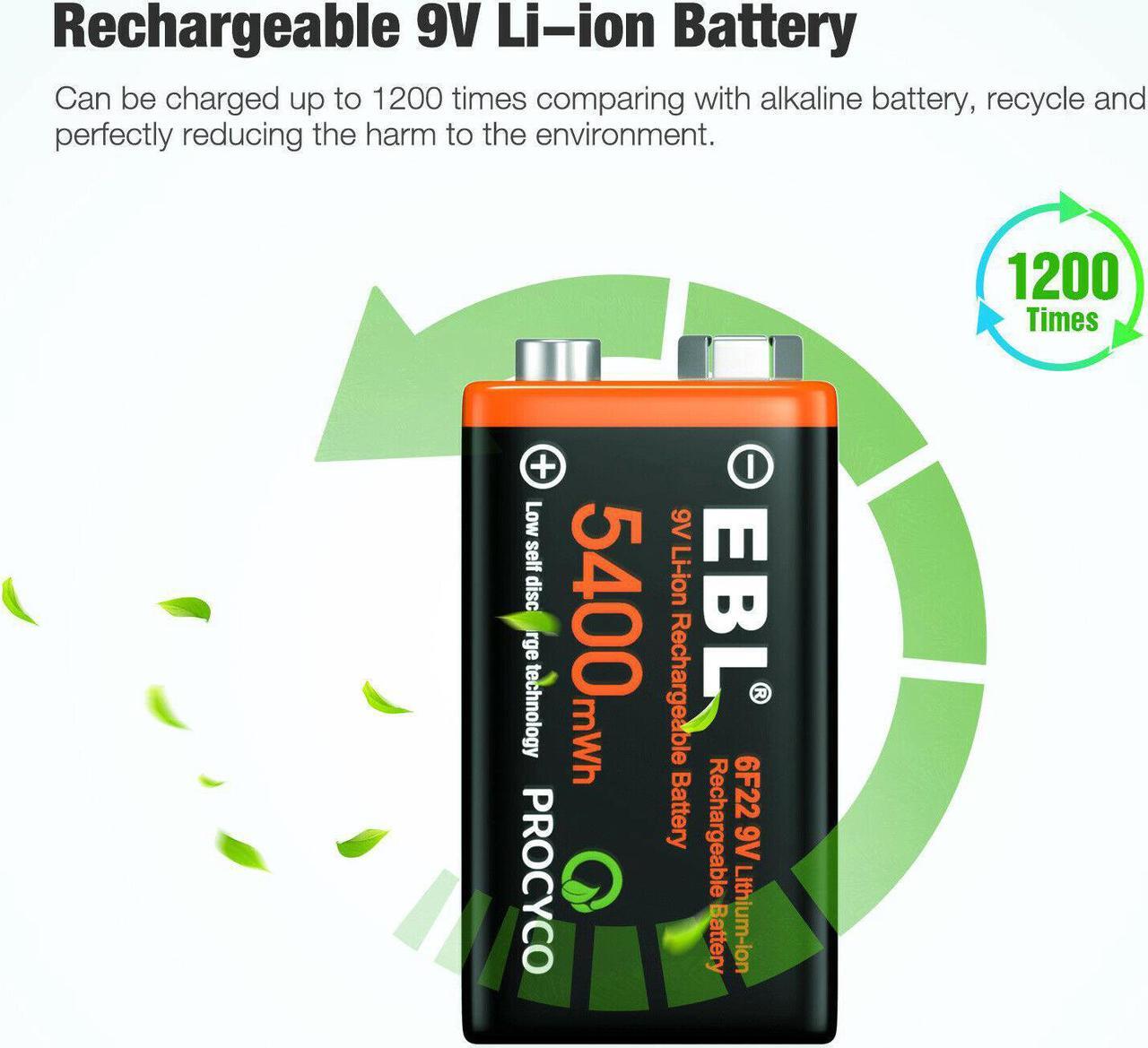 Alt view image 5 of 6 - 2Pack USB Rechargeable 9V Lithium LI-ion Battery Batteries 5400mWh 9 Volt