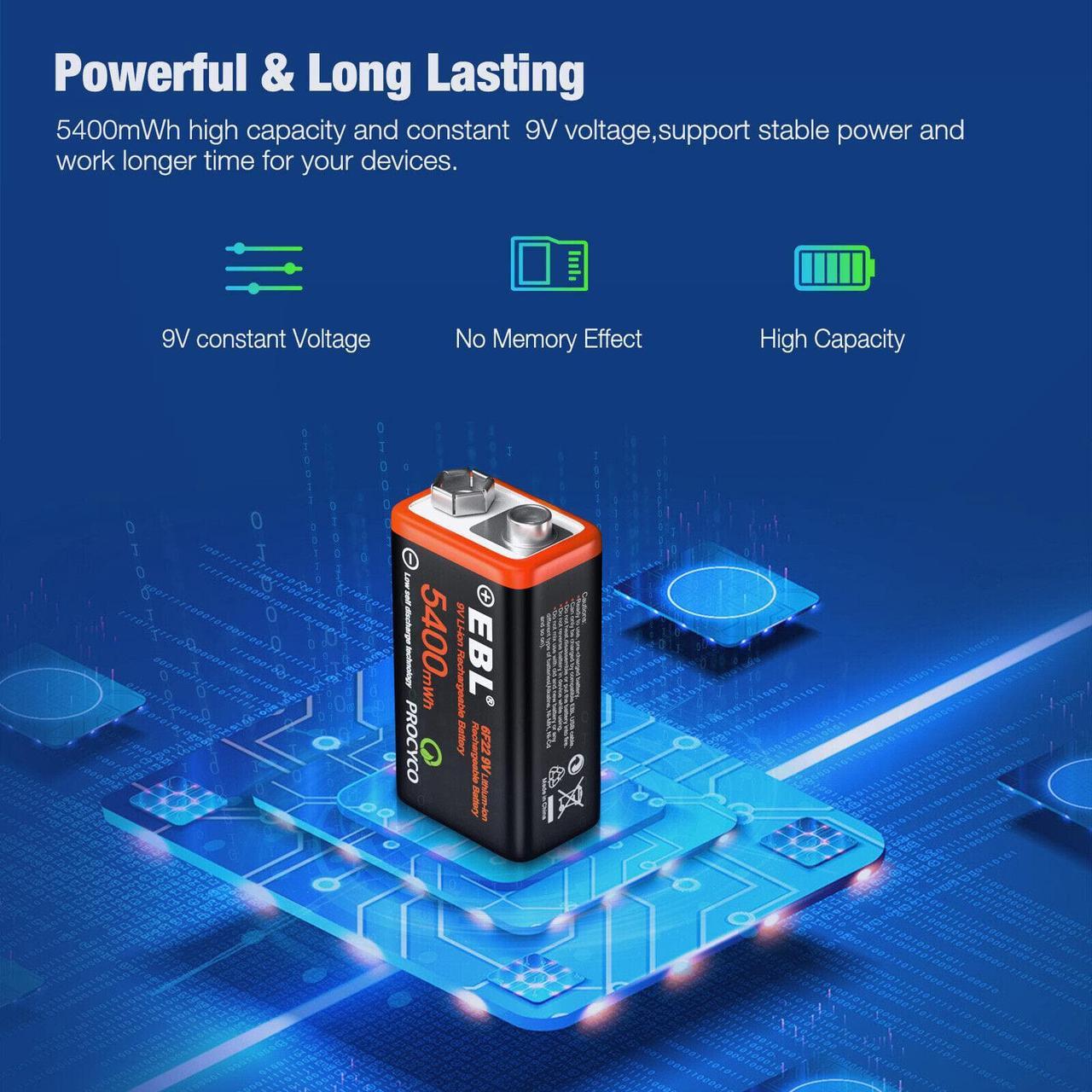 Alt view image 6 of 6 - 2Pack USB Rechargeable 9V Lithium LI-ion Battery Batteries 5400mWh 9 Volt