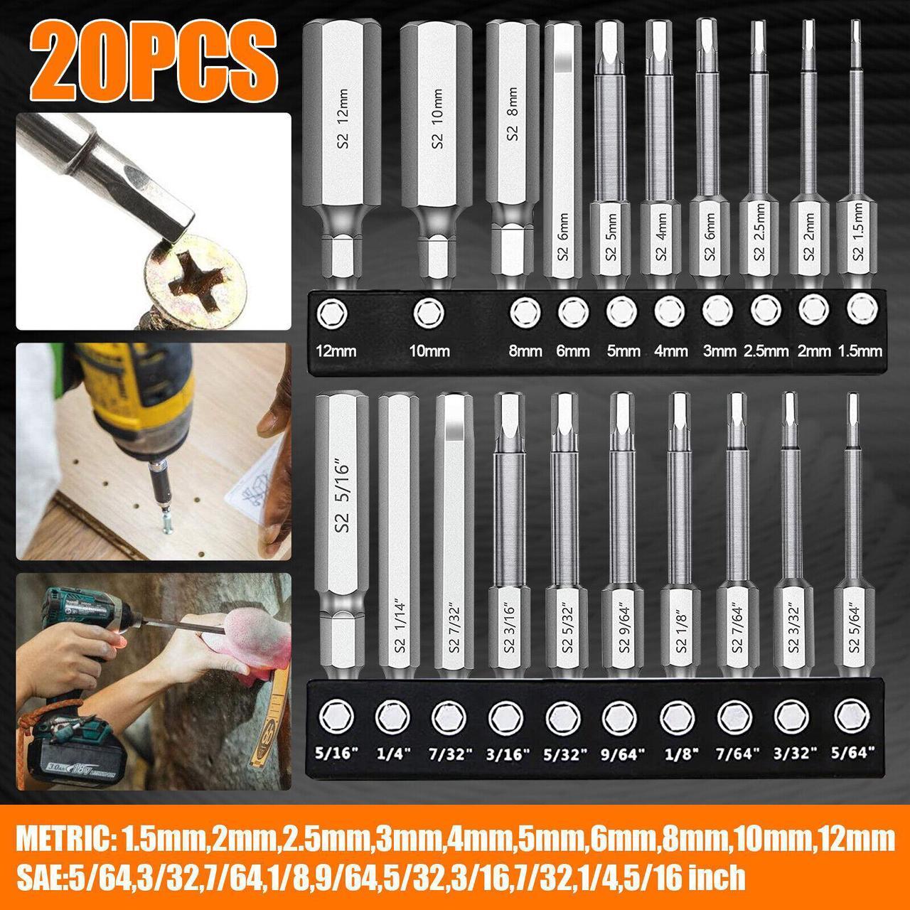 Main image of 20x 1/4" Steel Hex Head Magnetic Wrench Screwdriver Drill Bit Set Metric  SAE