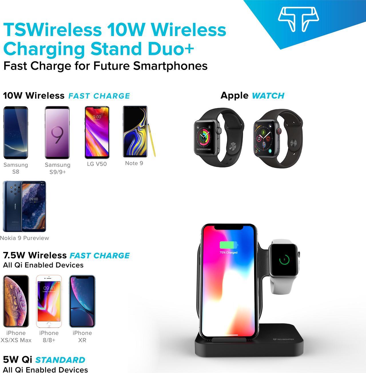 Alt view image 2 of 7 - Techsmarter Wireless Charging Station Dock for iPhone, Apple Watch and AirPods. Compatible with Apple iPhone 15, 14, 13, 12, 11, XR, XS, X, 8, iWatch 7, 6, 5, 4, 3, 2, 1