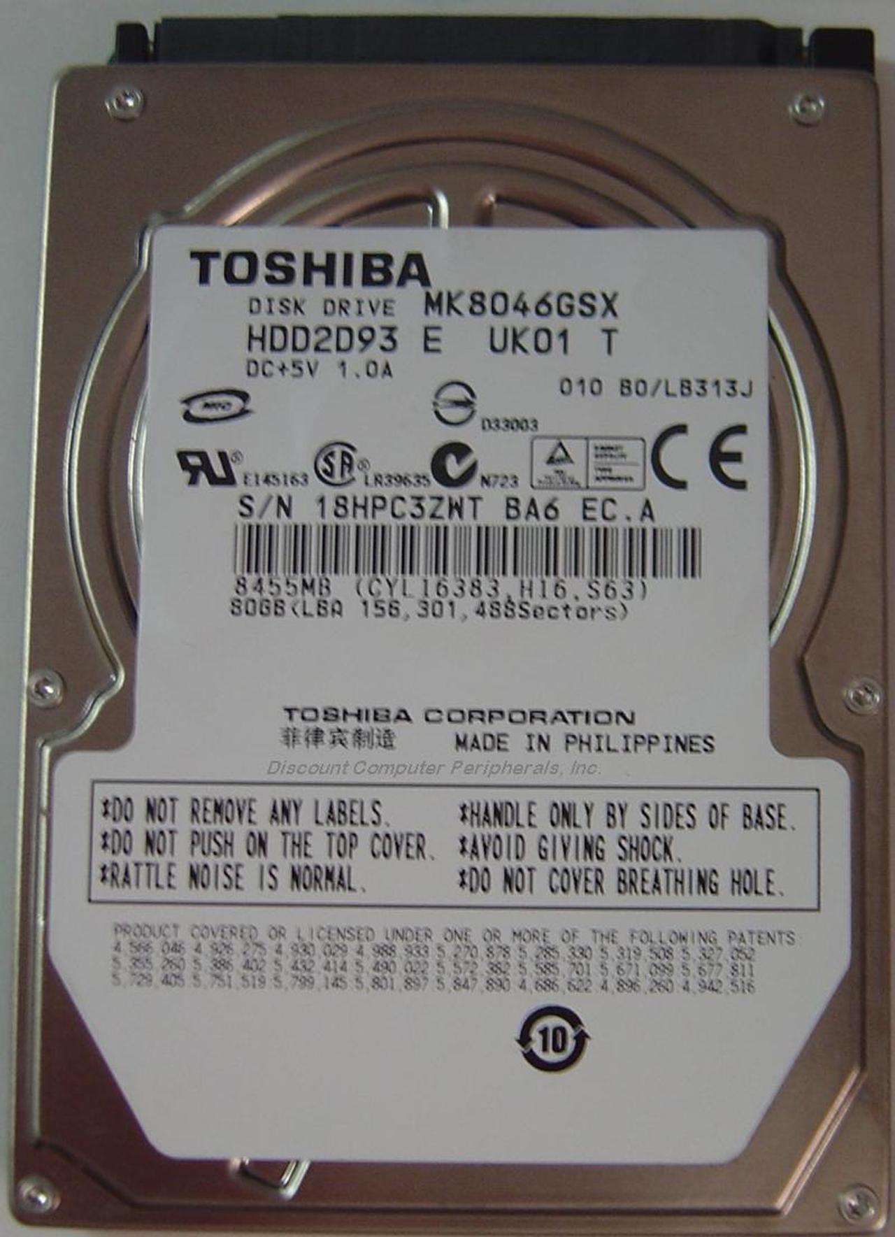 Alt view image 2 of 2 - TOSHIBA MK8046GSX 80GB 5400 RPM 8MB Cache SATA 3.0Gb/s 2.5" Notebook Hard Drive Bare Drive