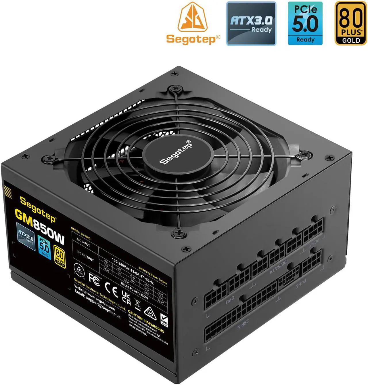 Main image of Segotep 850W ATX 3.0 Power Supply, Full Modular 80 Plus Gold, PCIe 5.0 12+4PIN port and Dual 6+2Pin ports,  Suitable for ALL Graphics Cards, Native 600W 12VHPWR Cable, Silent Fan mode
