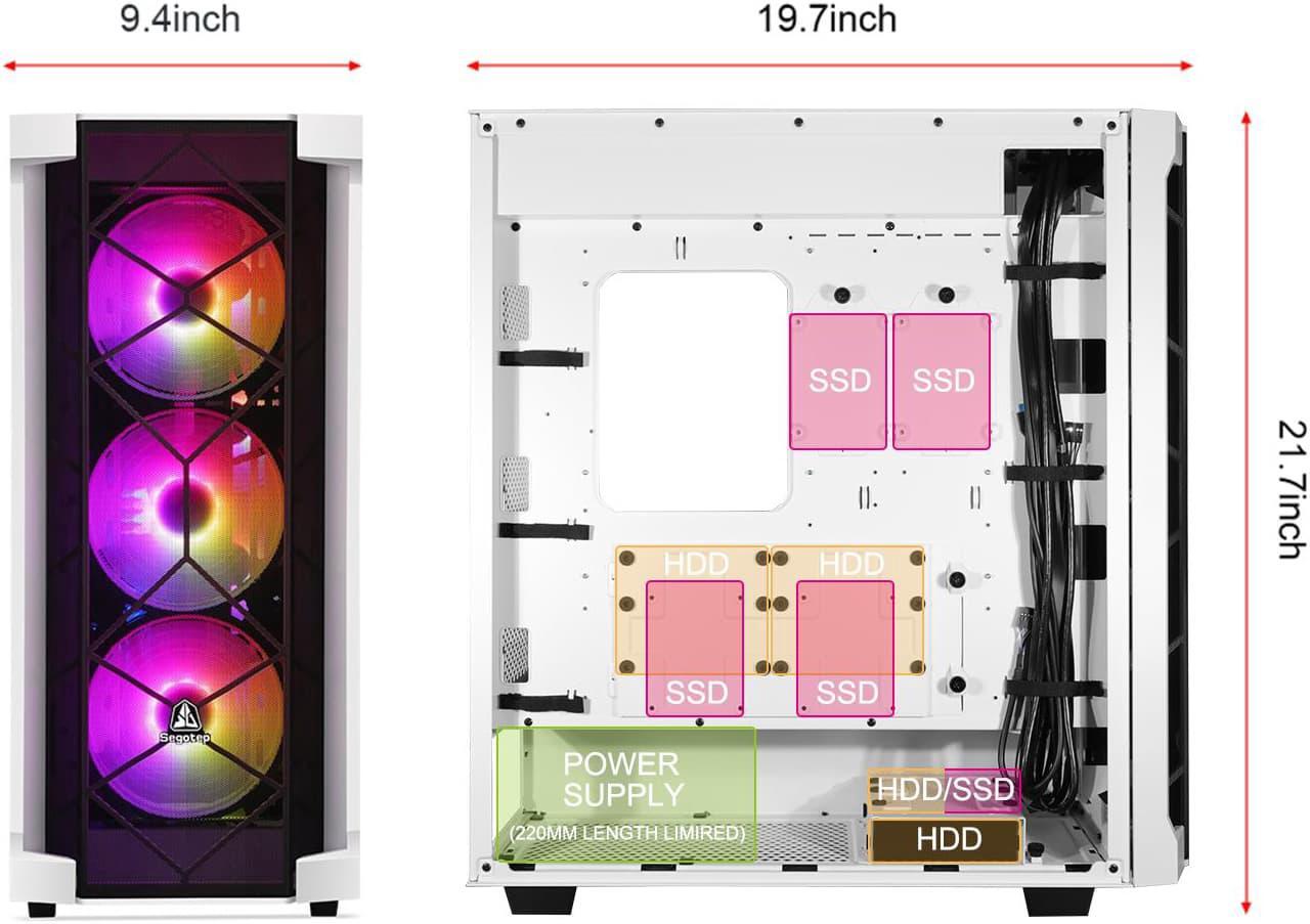 Alt view image 5 of 7 - Segotep Phoenix T1 E-ATX Full-Tower PC Gaming Case,  GPU Vertical Mounting, Support Dual 360mm Water Cooling Radiators, Supports up to 7 Fans, Tempered Glass Side Panel, Front I/O USB 3.0 Type-C Port