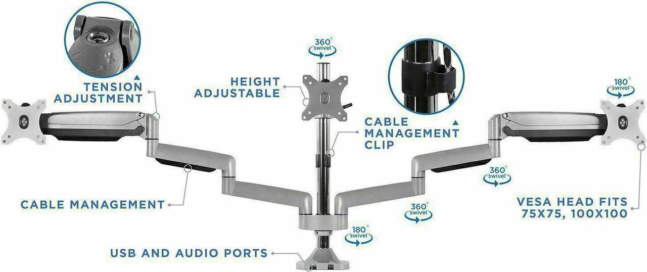 Alt view image 4 of 6 - Triple Monitor Desk Mount With USB Port Height Adjustable 17" - 32"