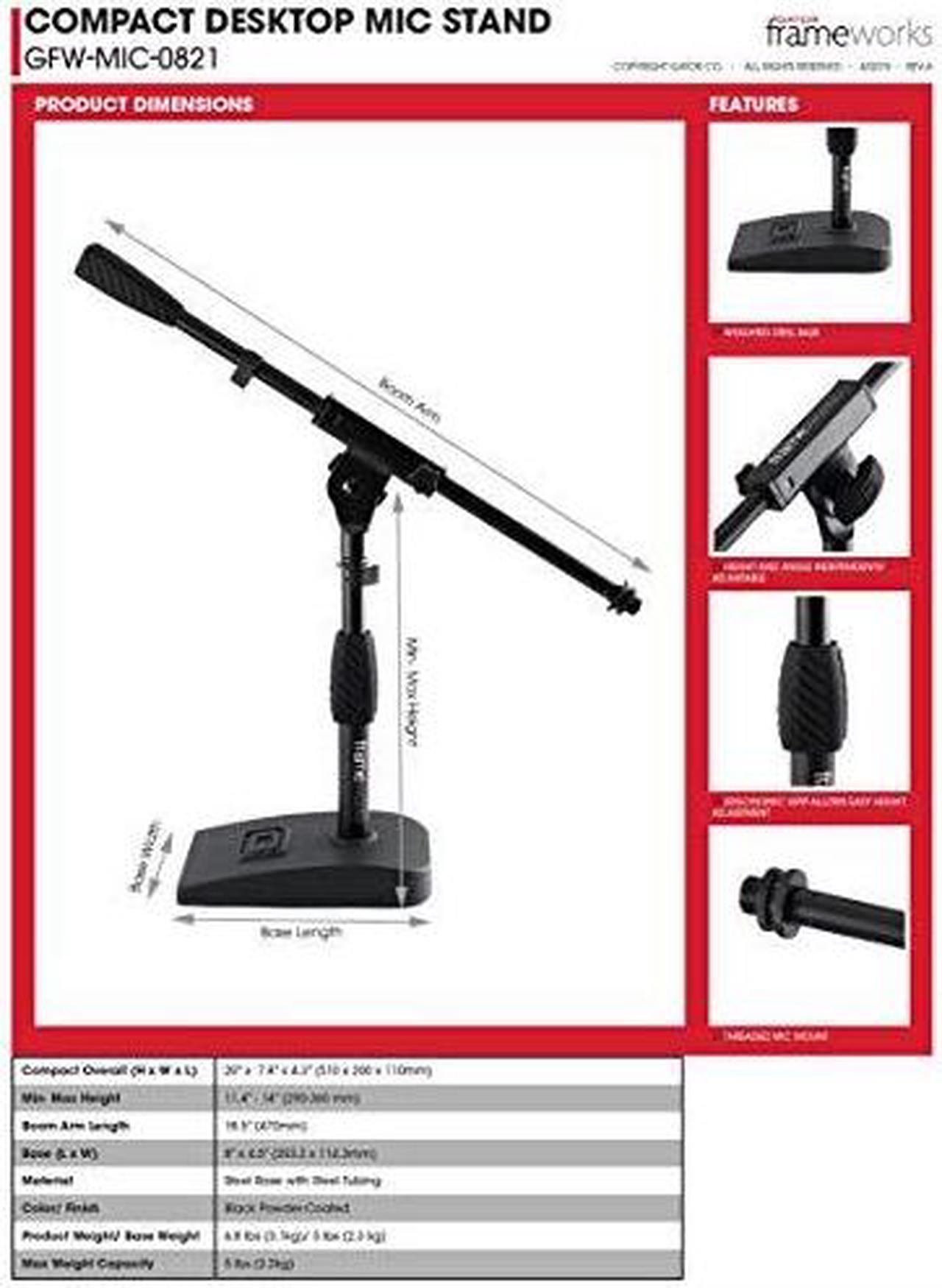 Alt view image 4 of 4 - Short Weighted Base Microphone Stand with Soft Grip Twist Clutch Boom arm and both 38 and 58 Mounts Base Dimensions 45 X 8 GFWMIC0821