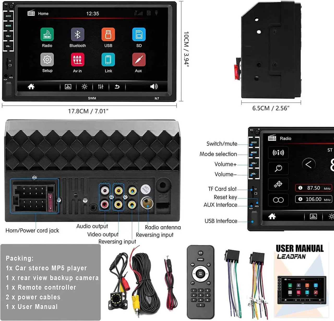 Alt view image 5 of 6 - 7" Car Stereo Double Din Touch Screen Car Radio Audio Receiver FM Radio Bluetooth Video Remote Control MP5/4/3 Player Android iPhone Mirror Link USB/SD/AUX Hands Free Calling with Camera