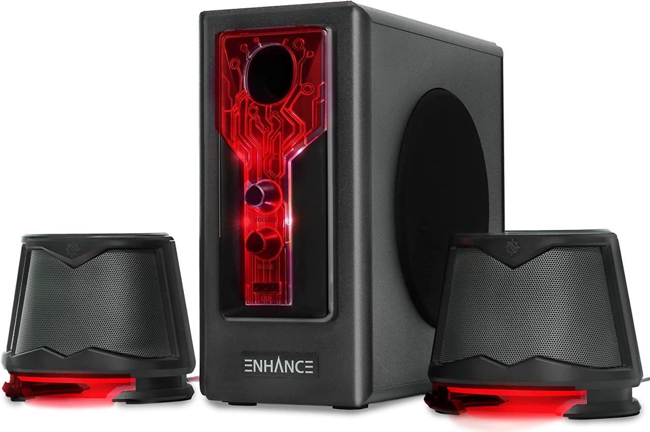 SB 2.1 Computer Speakers with Subwoofer - Red LED Gaming Speakers, High Excursion Sound System, AC Powered & 3.5mm, Volume and Bass Control, Compatible with Gaming PC, Desktop, Laptop