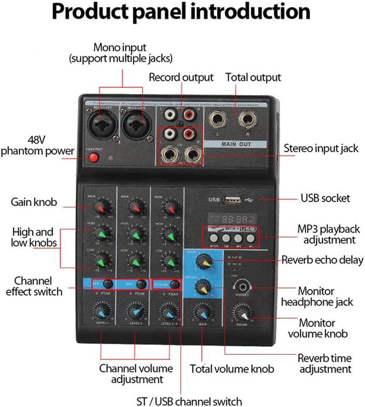 Alt view image 6 of 7 - Professional Audio Mixer, Sound Board Console System, Interface 4 Channel Digital USB Bluetooth MP3 Computer Input 48V Phantom Power Stereo DJ Studio Streaming FX 16-Bit DSP Processor