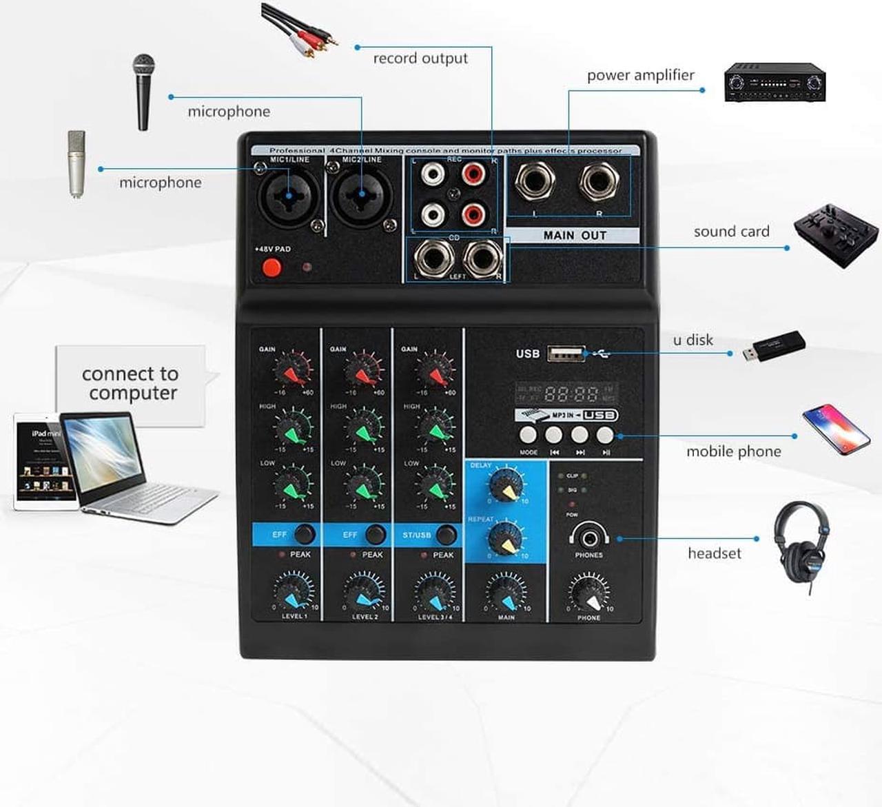 Alt view image 3 of 7 - Professional Audio Mixer, Sound Board Console System, Interface 4 Channel Digital USB Bluetooth MP3 Computer Input 48V Phantom Power Stereo DJ Studio Streaming FX 16-Bit DSP Processor