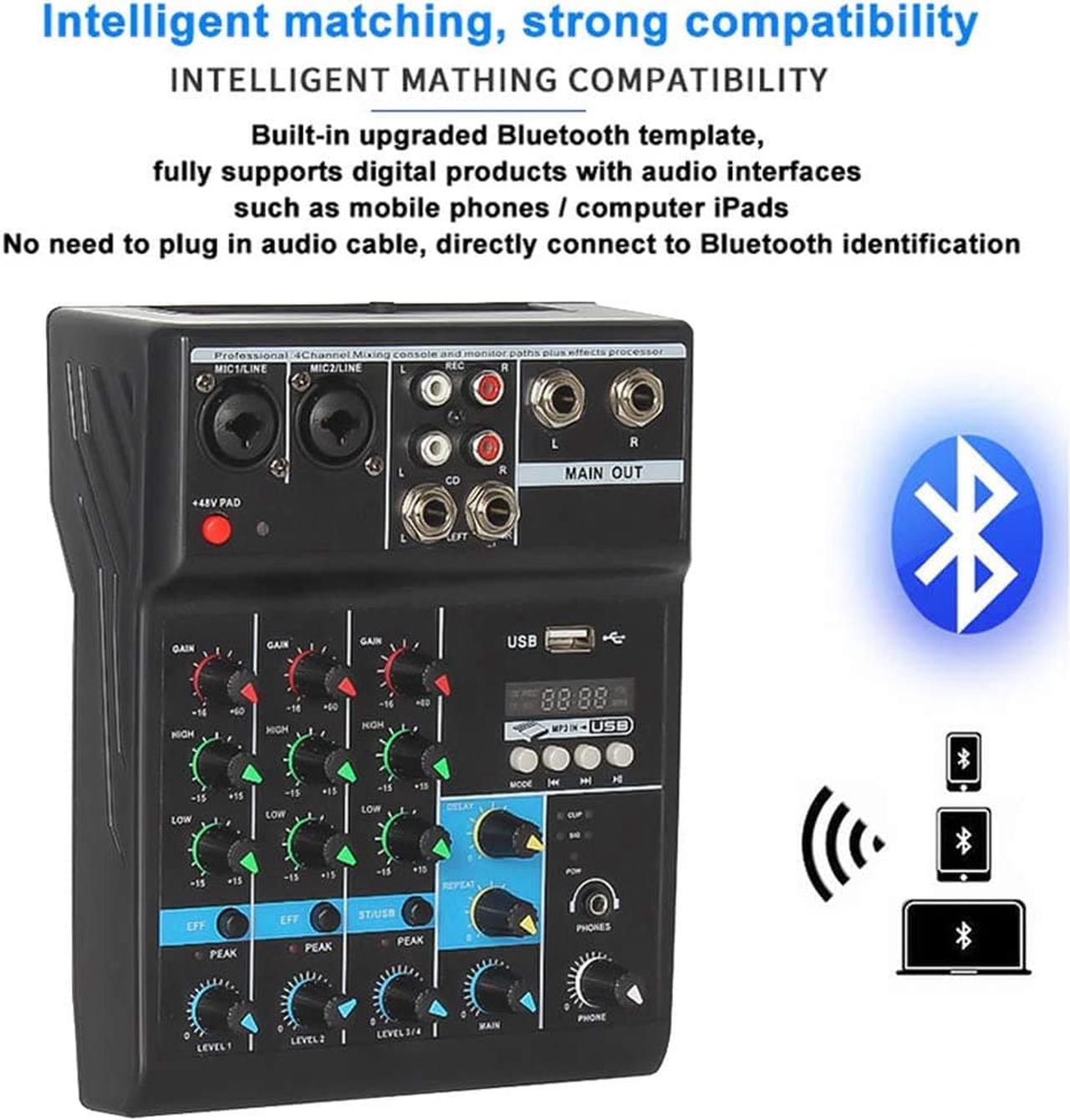 Alt view image 5 of 7 - Professional Audio Mixer, Sound Board Console System, Interface 4 Channel Digital USB Bluetooth MP3 Computer Input 48V Phantom Power Stereo DJ Studio Streaming FX 16-Bit DSP Processor