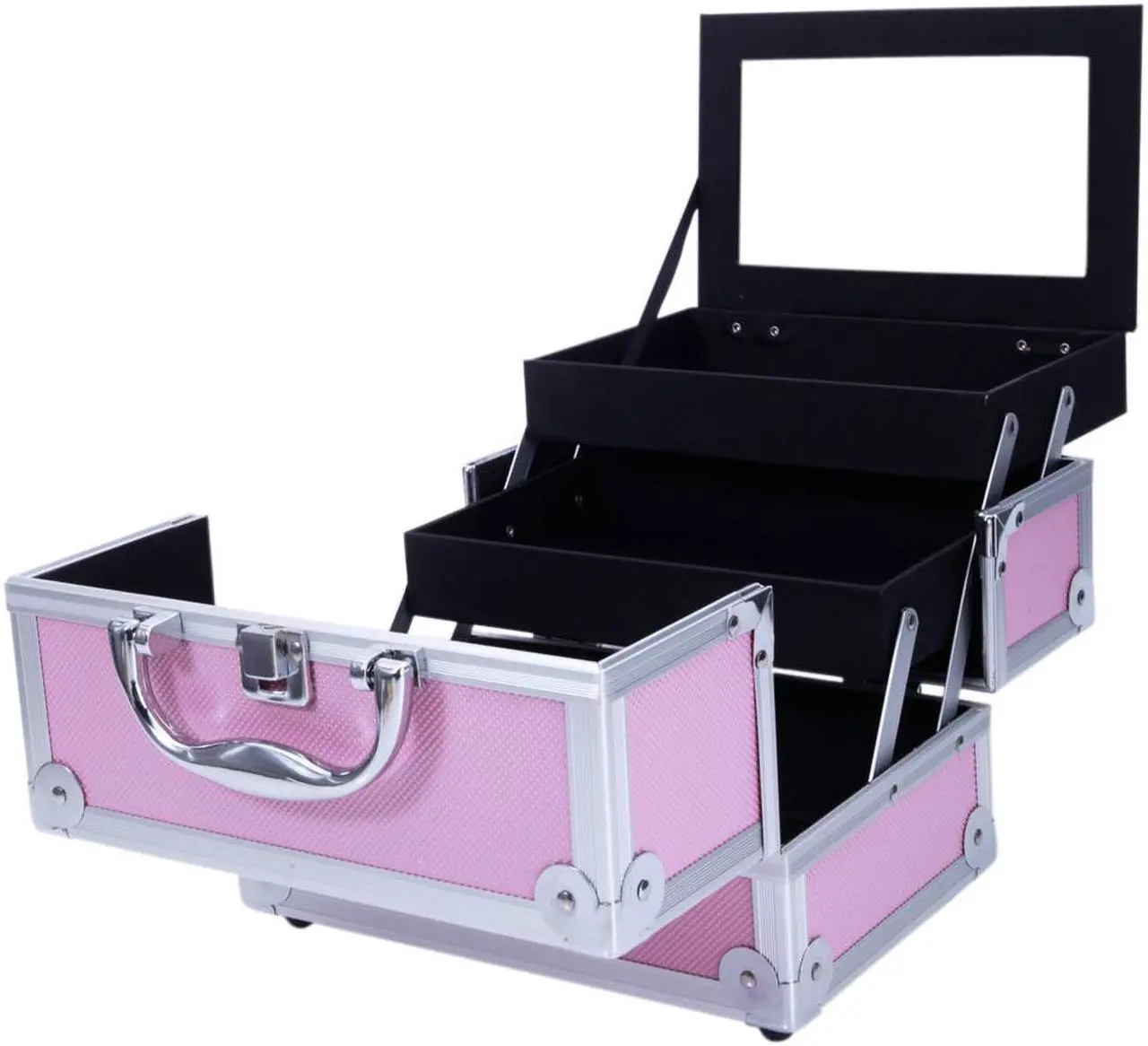 Alt view image 3 of 7 - Large Pro Aluminum Makeup Train Case Jewelry Box Cosmetic Organizer Pink New