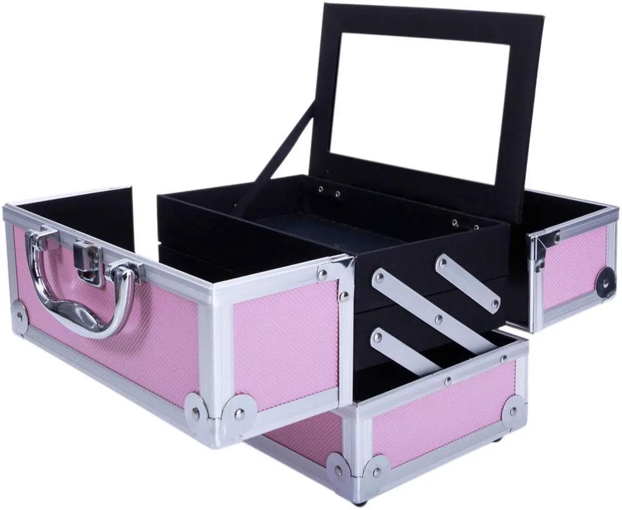 Alt view image 5 of 7 - Large Pro Aluminum Makeup Train Case Jewelry Box Cosmetic Organizer Pink New