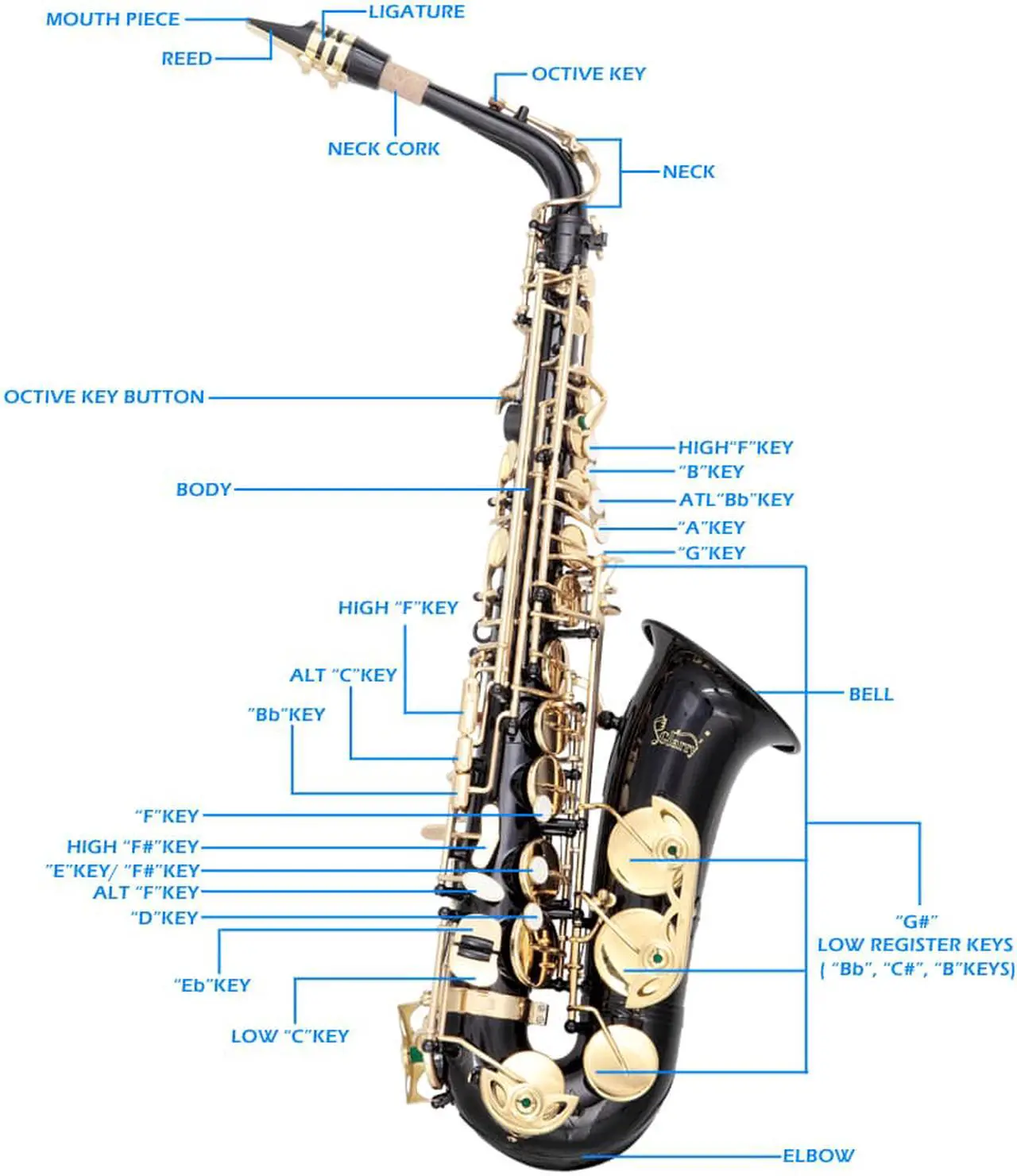 Alt view image 6 of 7 - Black Glarry Alto Saxophone  Alto SAX Eb  with  W/ Case 10 Reeds Strap