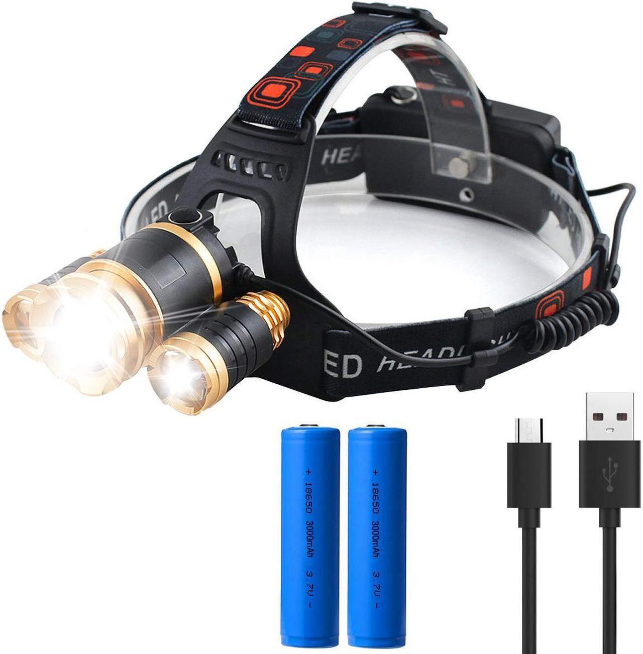 LED Headlamp Zoomable 3 Modes Bright LED Headlights with Rechargeable Batteries USB Cable for Camping Biking Hunting Fishing Outdoor Sports