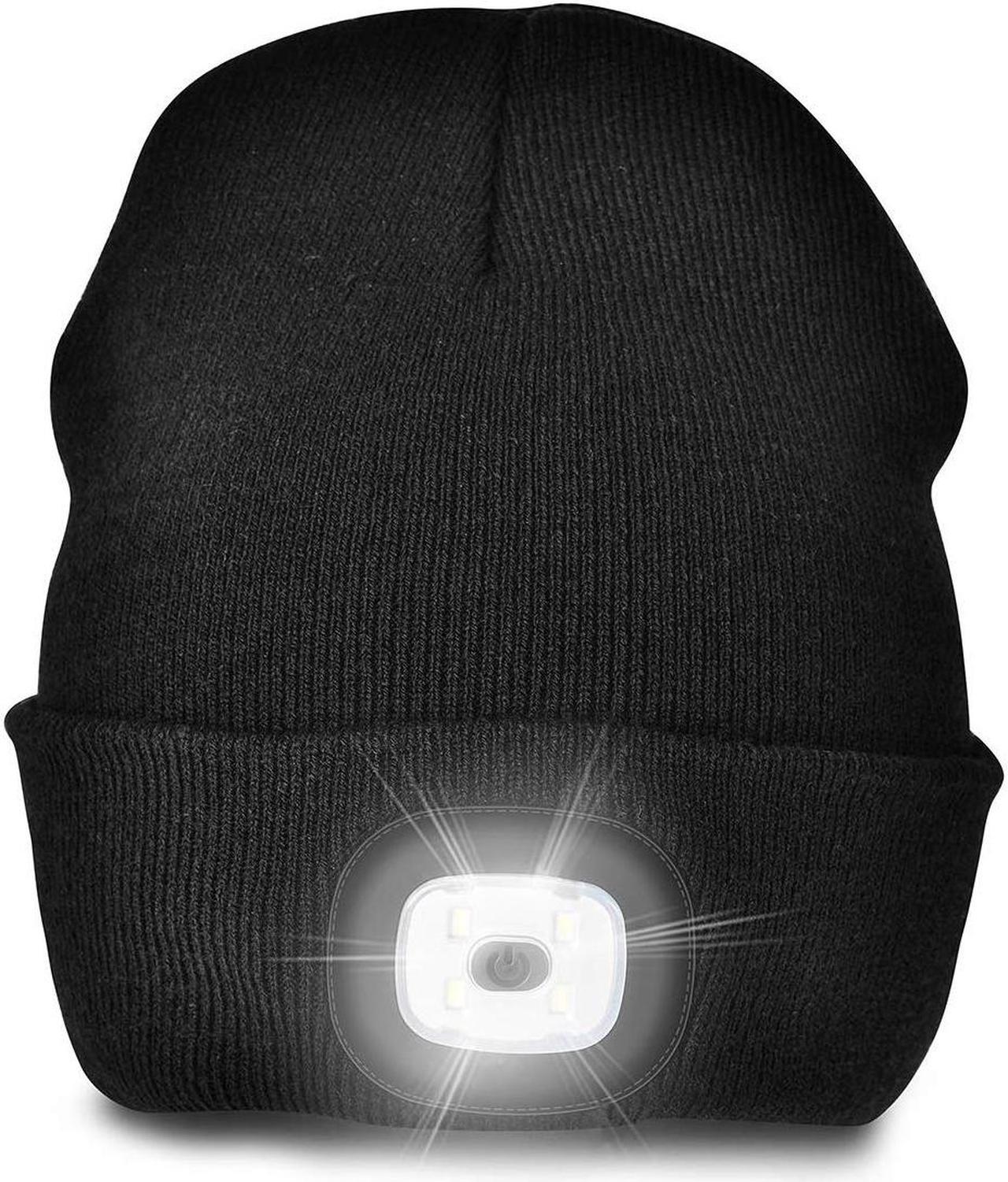 Unisex LED Beanie Hat with Light USB Rechargeable Winter Knit Lighted Headlight Hats Headlamp Torch Skull Cap (Black)