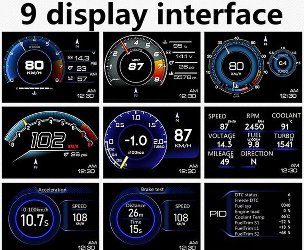 Alt view image 3 of 7 - Car HUD OBD2 GPS Smart head up display Speed monitoring 9 interface Digital Gauge Meter Turbo Brake Test OBD Scanner