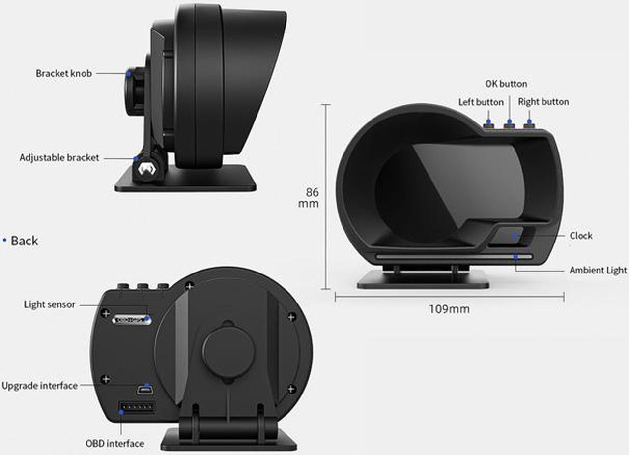 Alt view image 6 of 7 - Car HUD OBD2 GPS Smart head up display Speed monitoring 9 interface Digital Gauge Meter Turbo Brake Test OBD Scanner