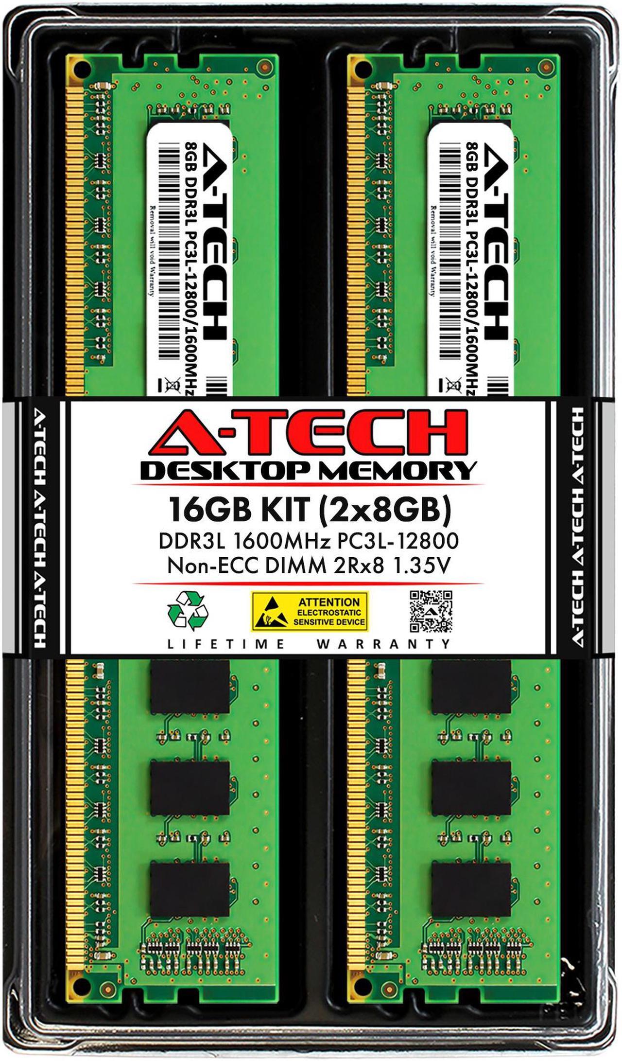 Main image of A-Tech 16GB Kit (2x8GB) DDR3 / DDR3L 1600 MHz PC3-12800 UDIMM 2Rx8 1.35V / 1.5V CL11 240 PIN DIMM Non-ECC Unbuffered Desktop Computer Memory RAM Upgrade Modules