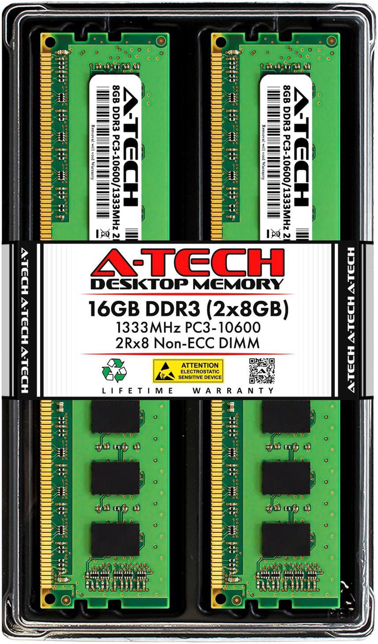 Main image of A-Tech 16GB (2x8GB) DDR3 1333MHz DIMM PC3-10600 2Rx8 Dual Rank 1.5V CL9 240-Pin Non-ECC UDIMM Desktop RAM Memory Upgrade Kit