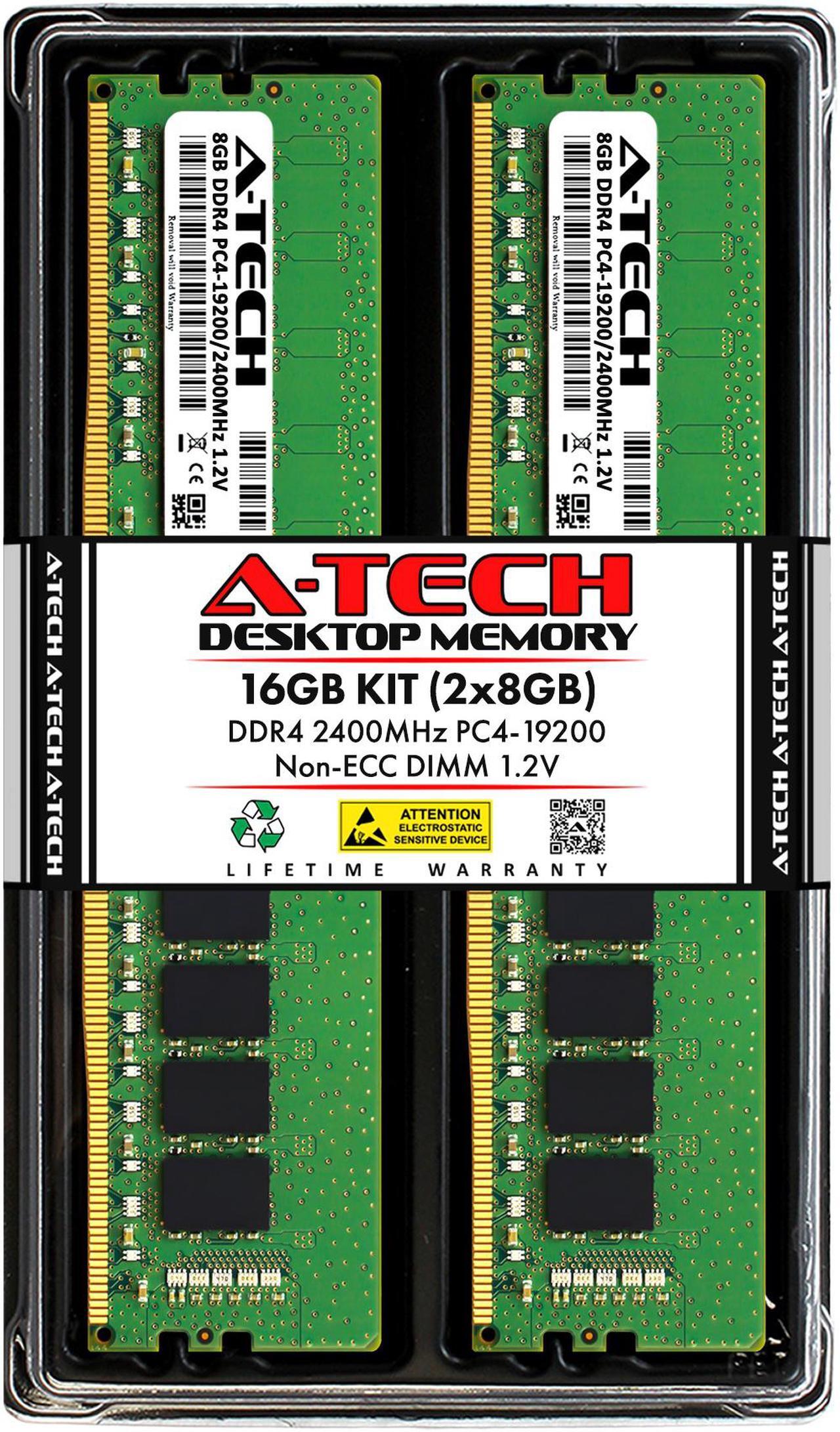 Main image of A-Tech 16GB (2x8GB) DDR4 2400MHz DIMM PC4-19200 UDIMM Non-ECC Unbuffered 1.2V CL17 288-Pin Desktop Computer RAM Memory Upgrade Kit