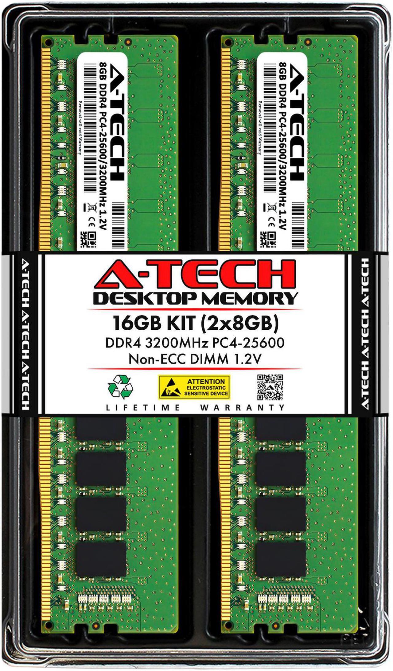 Main image of A-Tech 16GB (2x8GB) DDR4 3200MHz DIMM PC4-25600 UDIMM Non-ECC Unbuffered CL22 1.2V 288-Pin Desktop Computer RAM Memory Upgrade Kit
