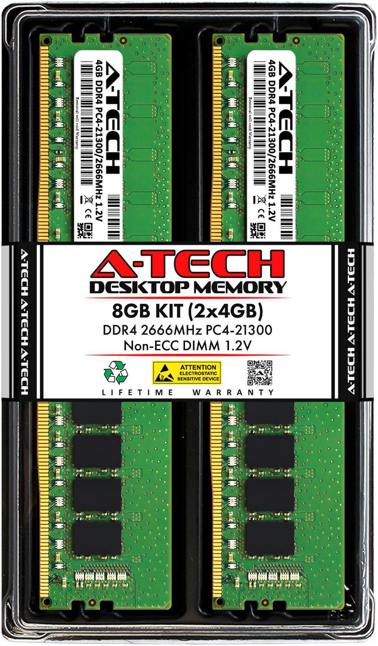 Main image of A-Tech 8GB (2x4GB) DDR4 2666MHz DIMM PC4-21300 UDIMM Non-ECC Unbuffered 1.2V CL19 288-Pin Desktop Computer RAM Memory Upgrade Kit