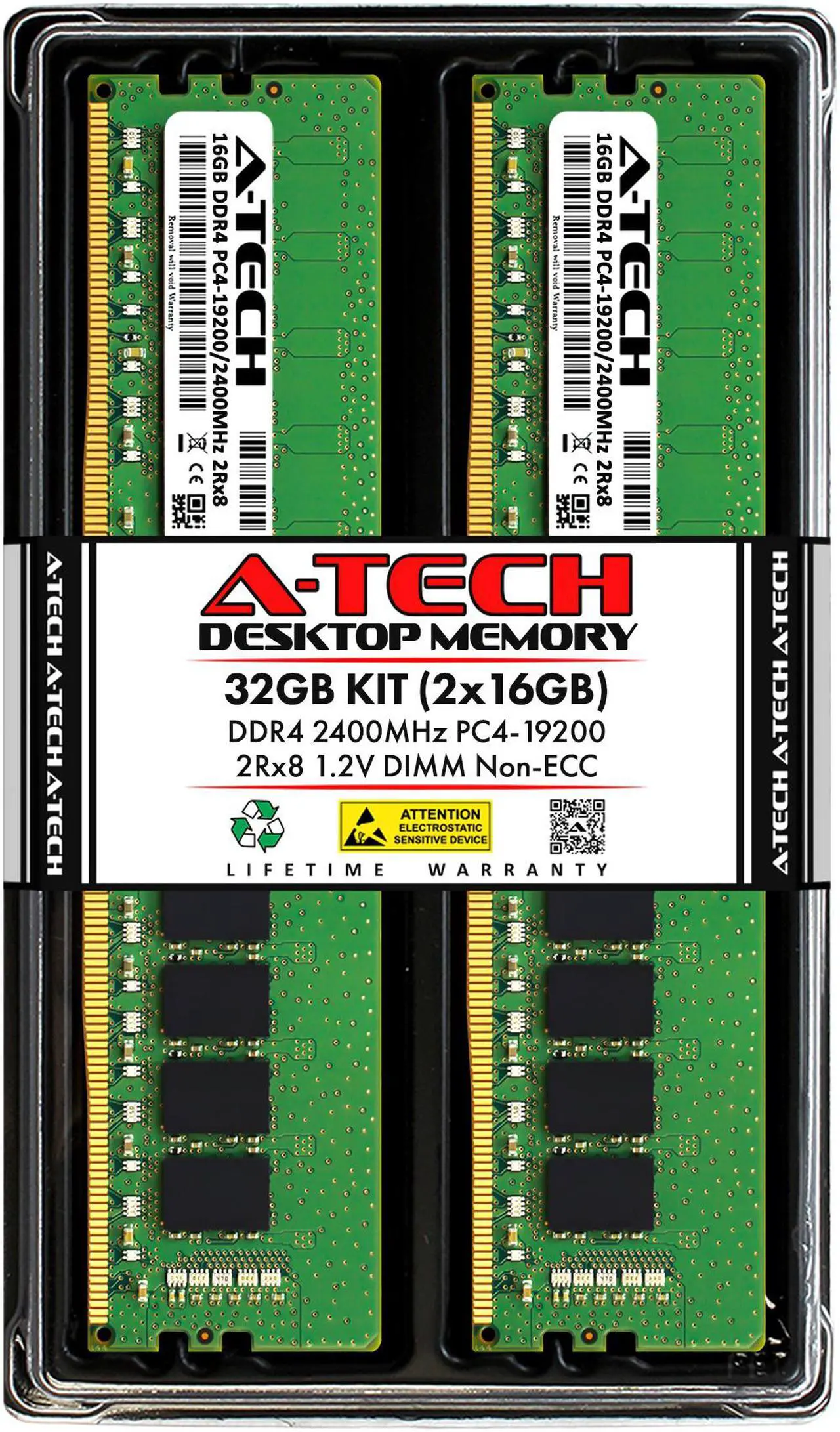 Main image of A-Tech 32GB (2x16GB) DDR4 2400MHz DIMM PC4-19200 UDIMM Non-ECC Unbuffered 2Rx8 1.2V CL17 288-Pin Dual Rank Desktop Computer RAM Memory Upgrade Kit