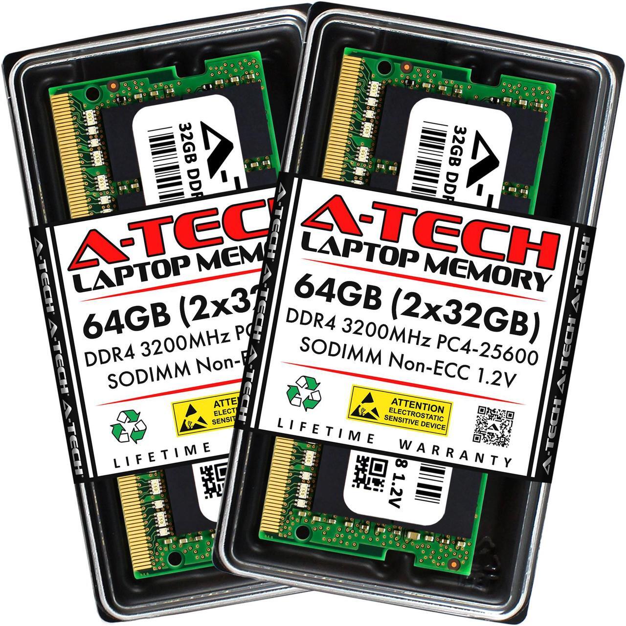 Main image of A-Tech 64GB (2x32GB) DDR4 3200MHz SODIMM PC4-25600 Non-ECC Unbuffered CL22 1.2V 260-Pin SO-DIMM Laptop Notebook Computer RAM Memory Upgrade Kit